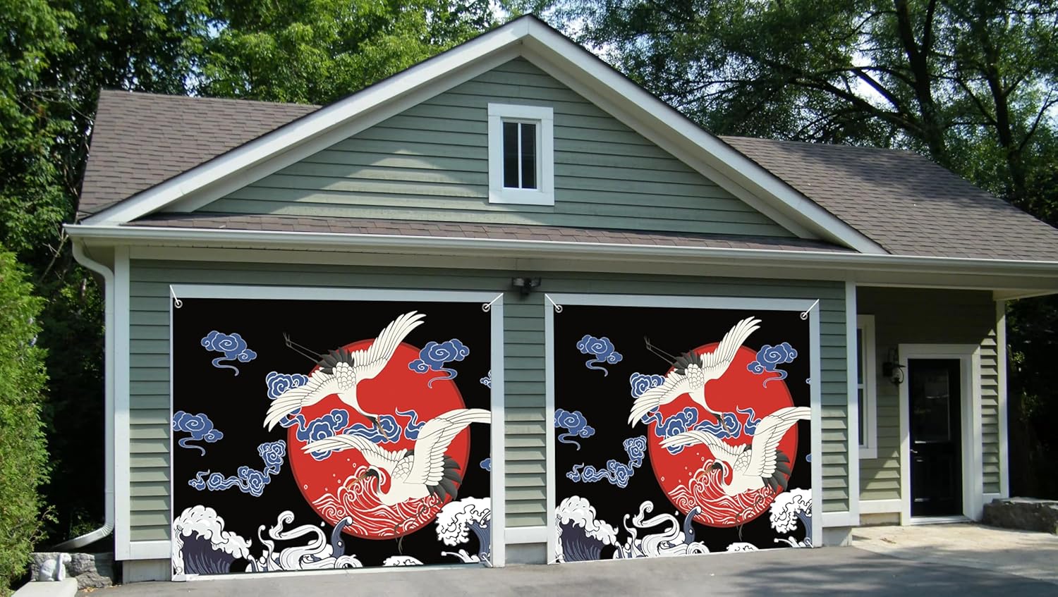 7x8ft Traditional Japanese Garage Door Decor Flying Cranes Red Sun Wave Design Blue Clouds Ink Wash Painting Garage Door Cover for Asian Event Party Decoration Props