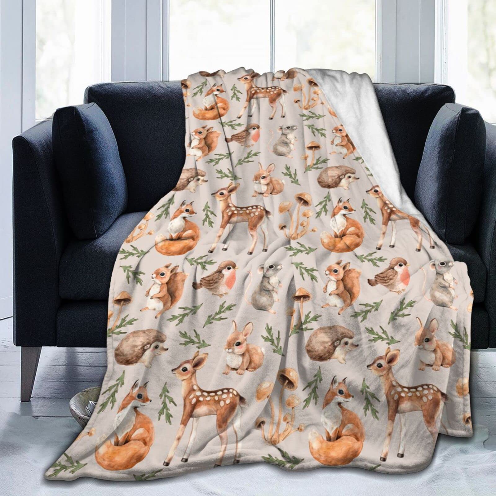 Hongfacai Flannel Throw Blanket 50''x40'' Soft Fluffy Fleece Forest Animals Deer Squirrel Fox Hedgehog Bird Warm and Cozy Cover Versatile for Settees/Sofa/Chairs/Couch