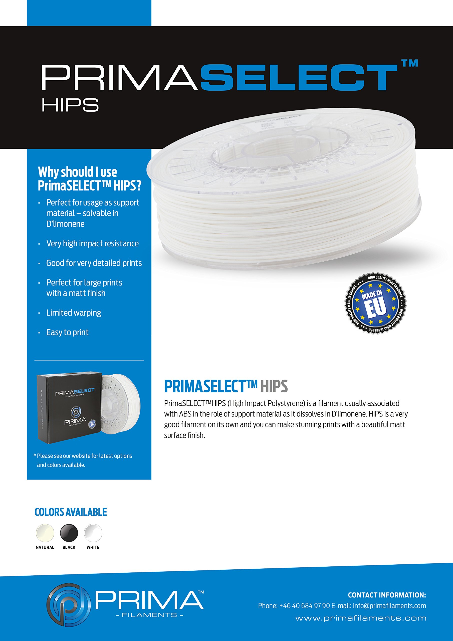 Prima Filaments PS-HIPS-175-0750-NA PrimaSelect Hipa Filament, 1,75 mm, 750 g, Natur