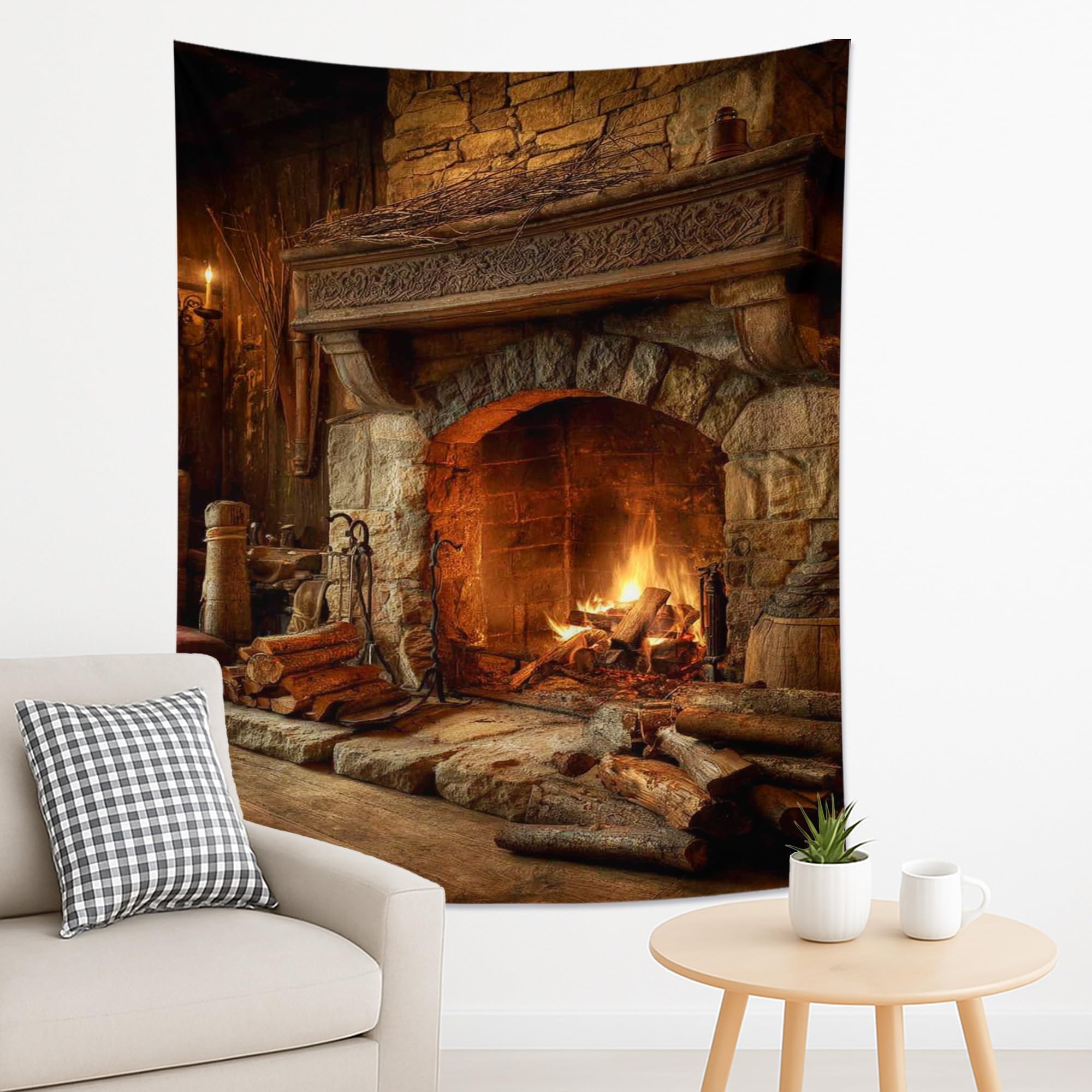 Rustic Stone Fireplace Tapestry, Warm Earthy Tones Decorative Wall Hanging, Cozy Cabin Aesthetic for Living Room, Bedroom, Holiday Decor 60x80 Inch