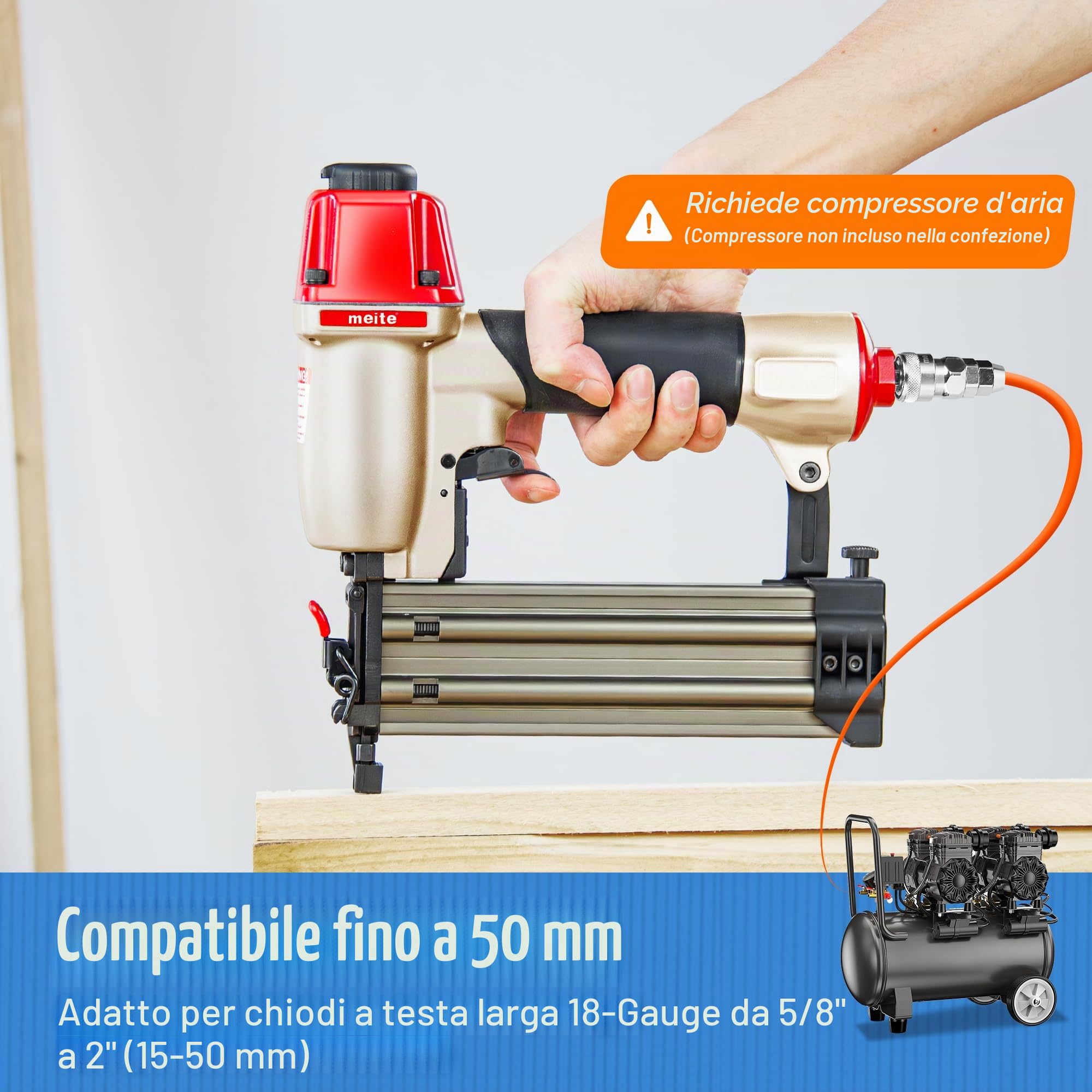 meite F50C - Chiodatrice pneumatica con naso di sicurezza, calibro 18, pistola per chiodi di finitura piccola per lavori di taglio, chiodi infiammabili calibro 18 da 15 mm a 50 mm
