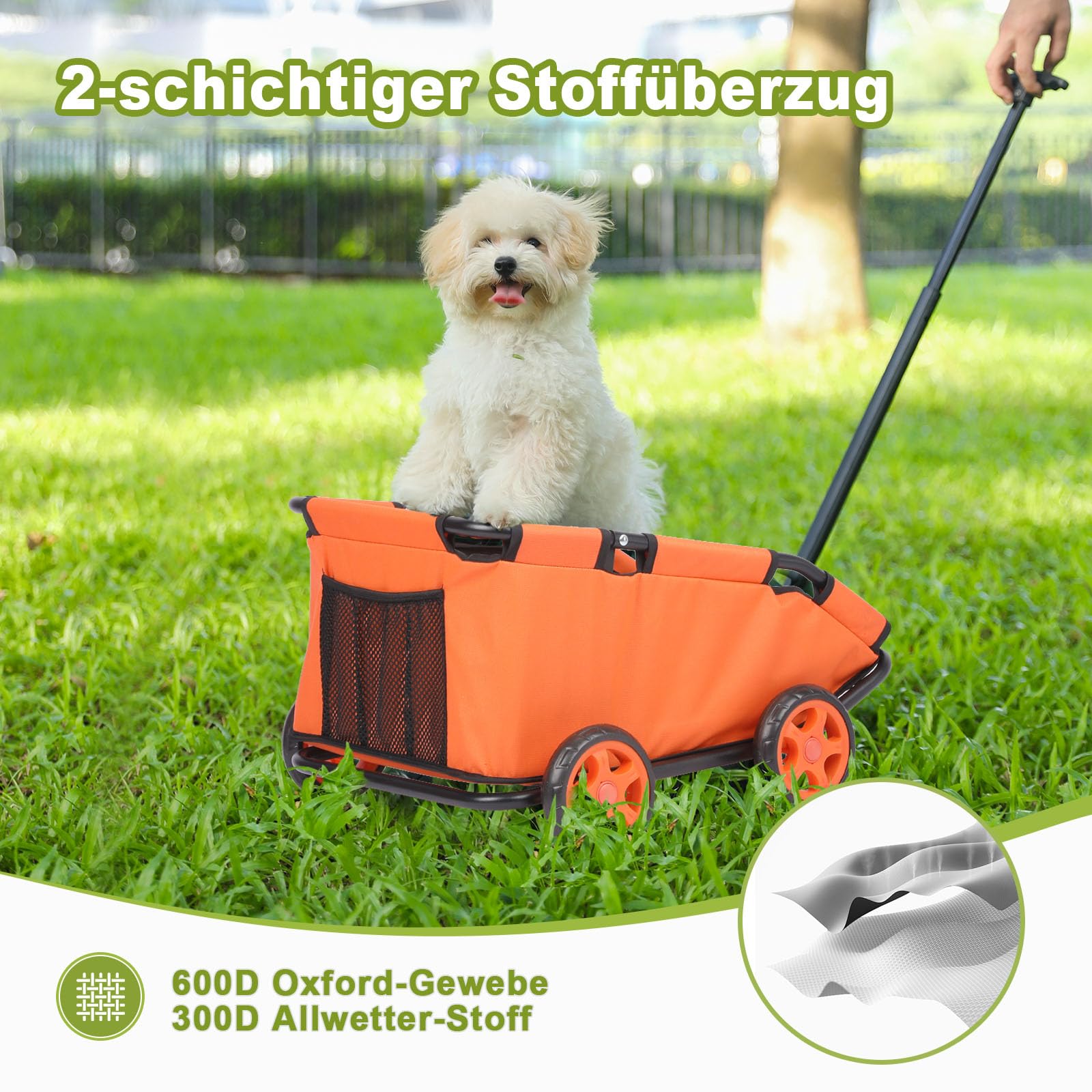 Passeggino per mini animali domestici, carrello della spesa pieghevole multifunzionale con maniglia estensibile, cuscino integrato e corda di sicurezza con borsa (arancione)