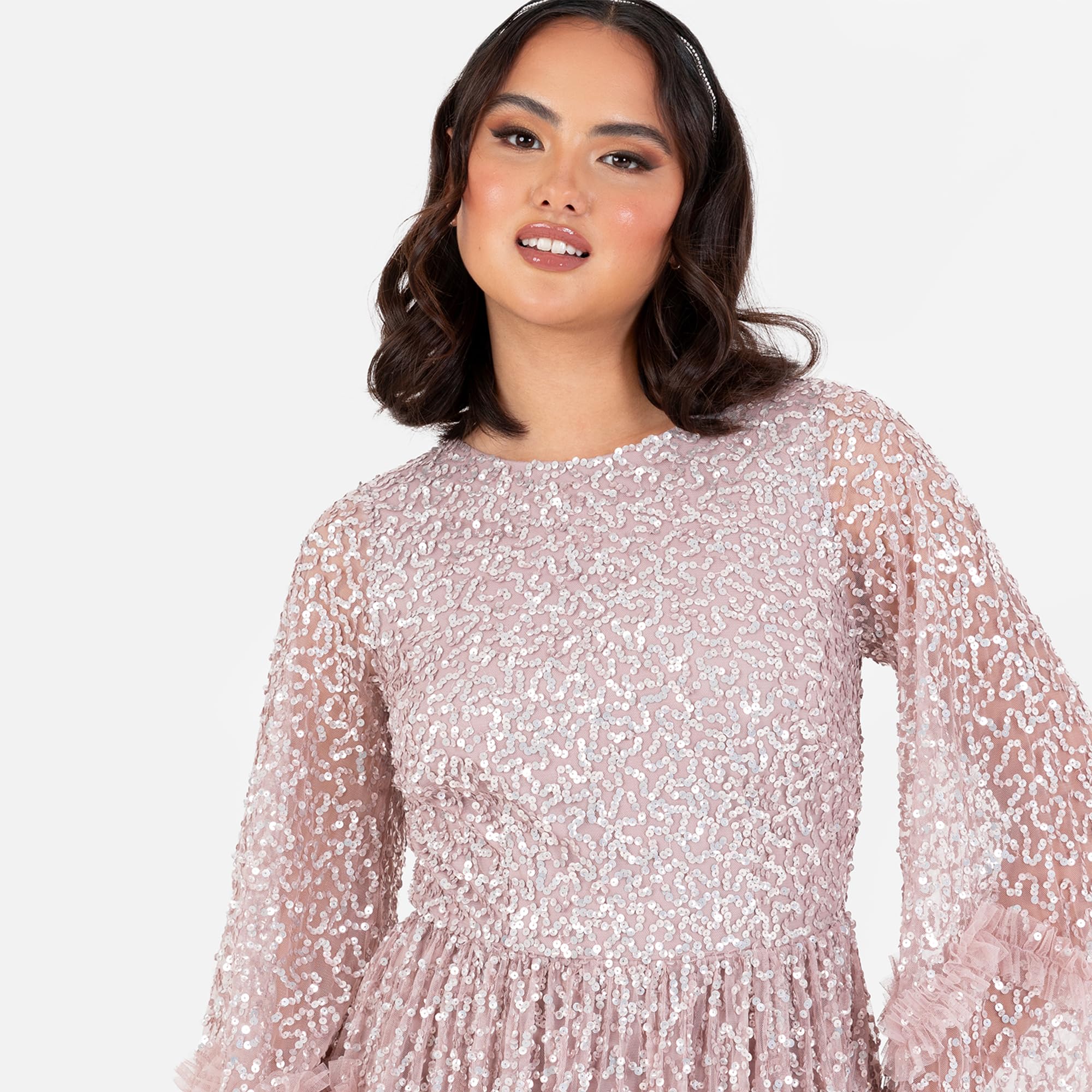 Maya Deluxe Damen Women's Maxi Dress Ladies Modest Round Neck Long Bell Sleeve Sequin Embellished Tiered Ruffle A-line Bridesmaid Prom Dress (1er Pack)