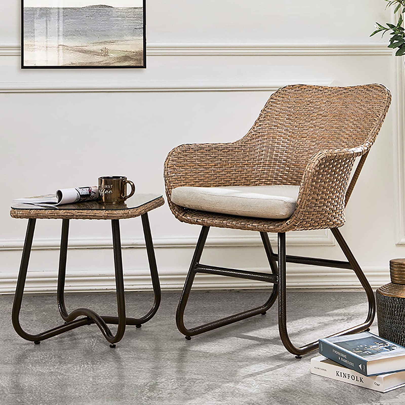 Set da Bistrot 3 Pezzi con Poltrone e Tavolo con Ripiano in Vetro Temperato, Set Mobili da Giardino con Protezione Ambientale in Rattan PE, Mobili da Giardino in Rattan con Intrecciato a Mano