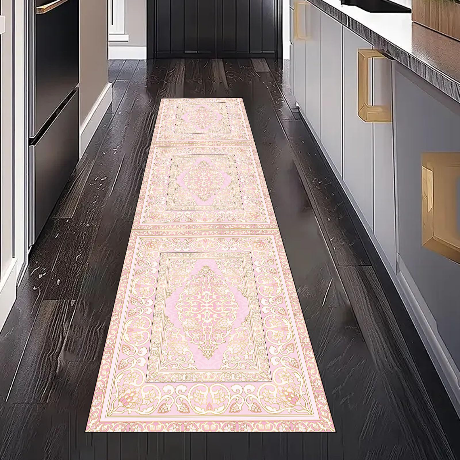 Barock Geblümt Teppichläufer Waschbar Rutschfest 60x180 cm, Viktorianisch Dekoration Orientalisch Blumen Küchenteppich Teppich Bettumrandung Schlafzimmer für Flur Eingangsbereich Wohnzimmer Teppiche