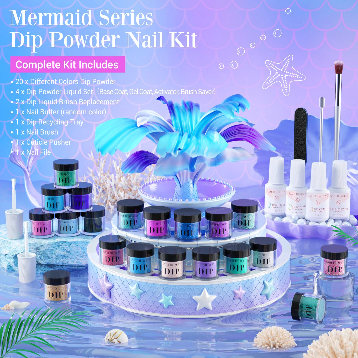 AZUREBEAUTY 31Pcs Dip Powder Nail Kit Starter 20 Colors Pastel Spring Summer Pink Acrylic Dipping Powder Set with Top/Base Coat Activator & Recycling Tray for Macaron French Manicure Salon: Ocean Blue Green Glitter