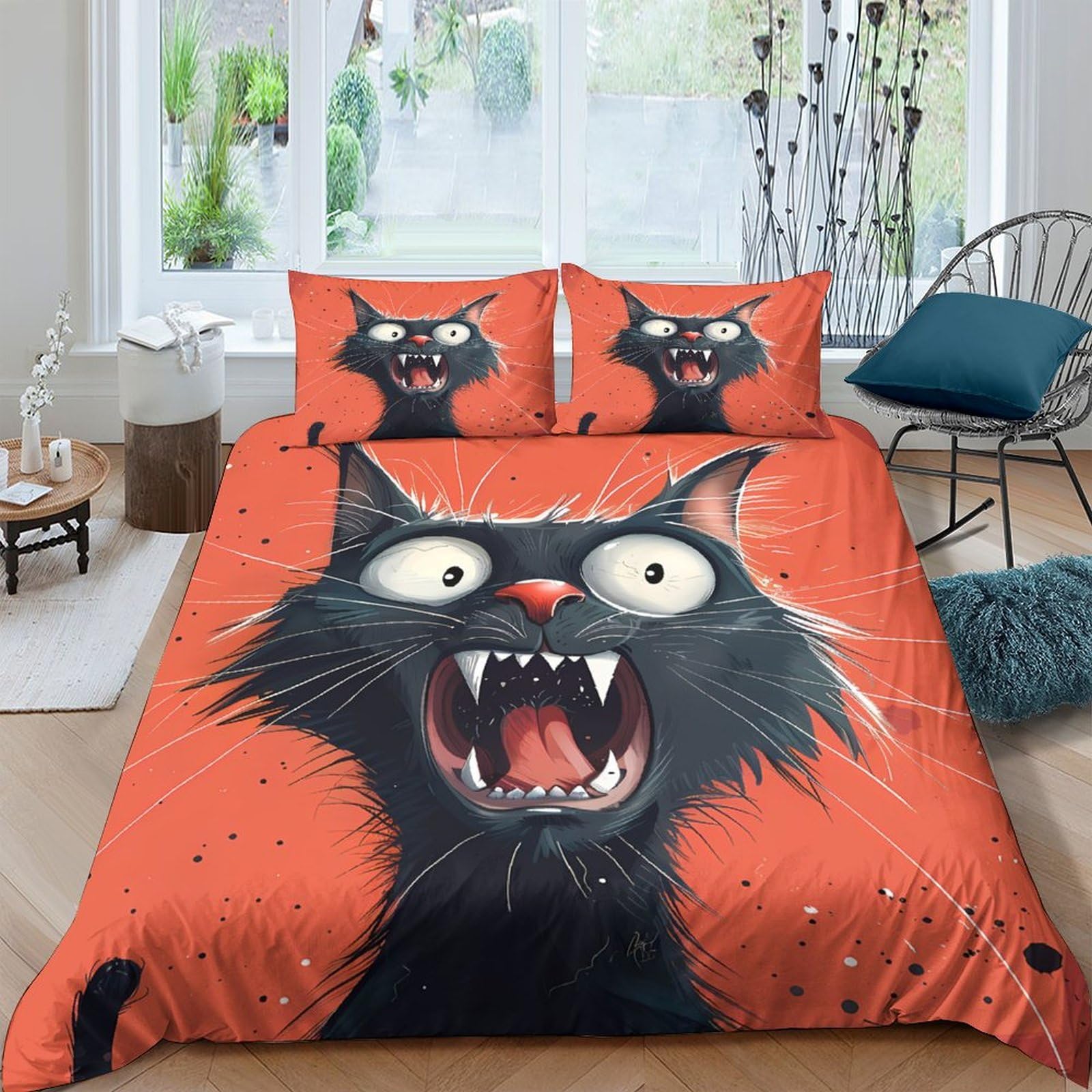 Ctjqhvkz Style-2 3D Printed Black Cat Cartoon Fitted Sheet Microfiber Orange Artistic Bed Cover Non-Slip Easy Care For Bedroom Dorm Single（135X200cm）