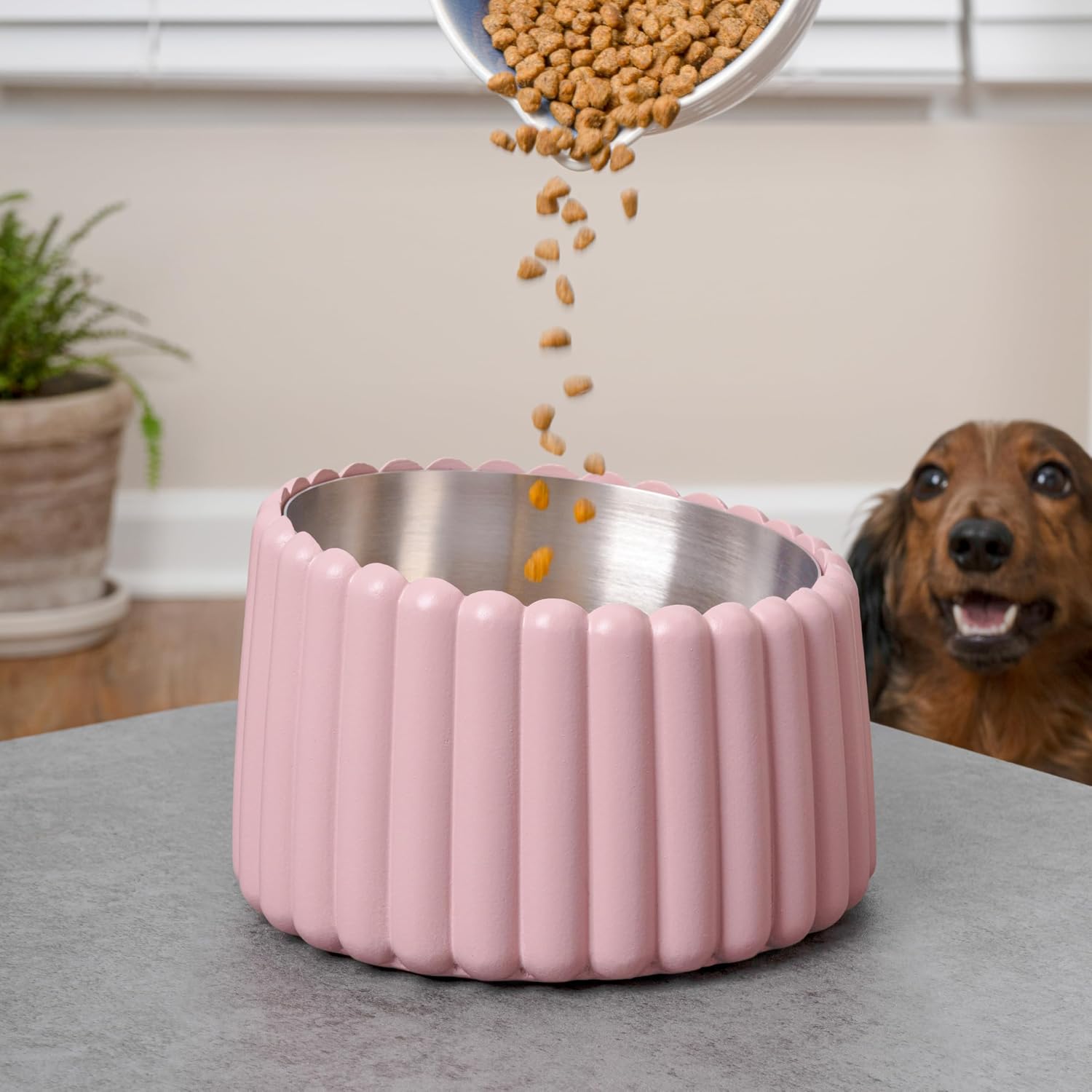 DBL3001A Ripple Ridge Small/Medium Slanted Concrete and Stainless Steel Bowl 16oz (2 Cups) Pet Feeder, Pink