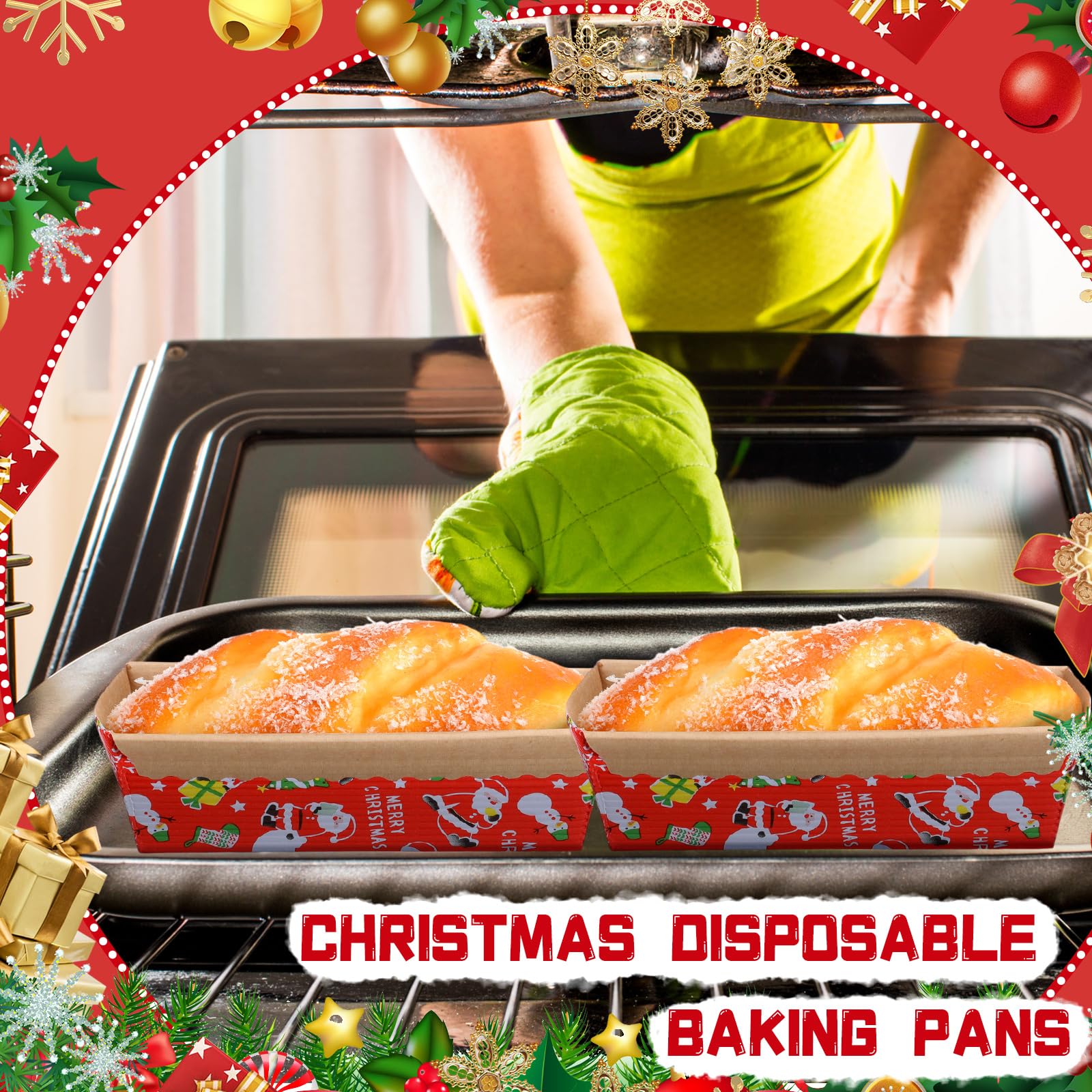 SiliFine 100 Sets Christmas Loaf Pans Disposable Paper Baking Pans Rectangle Bread with 100 Pcs Clear Bread Bags with Ties Loaf Molds for Cake Oven Baker(5.9 x 2.6 x 2 Inches) 4