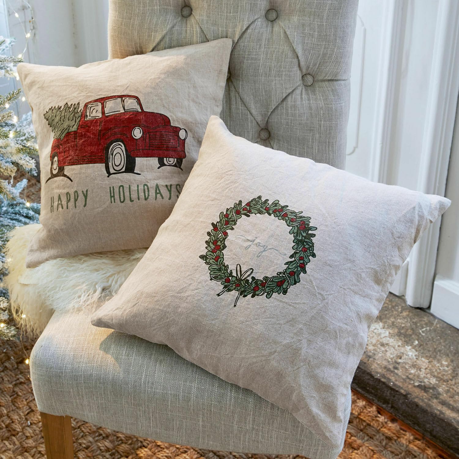 Loberon Camon Lot de 2 Housses de Coussins - Pur Lin - l'esprit de Noël dans Toute sa splendeur, Beige/Rouge