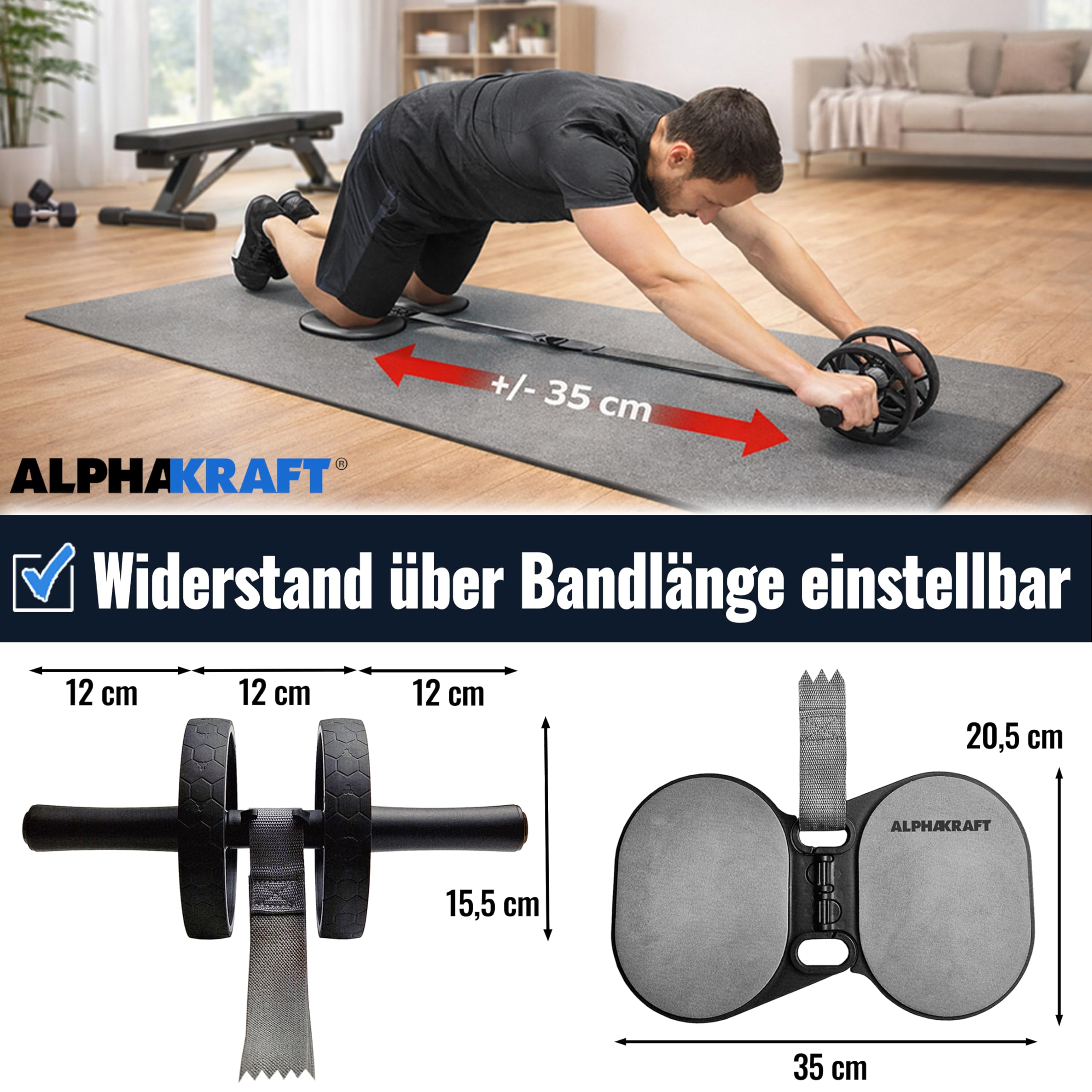 ALPHAKRAFT® Bauchroller mit Hilfsband & Knieschoner – AB Roller/AB Wheel | Bauchtrainer Roller für effektives Core-Training | Premium Bauchmuskeltrainer inkl. Trainingsplan