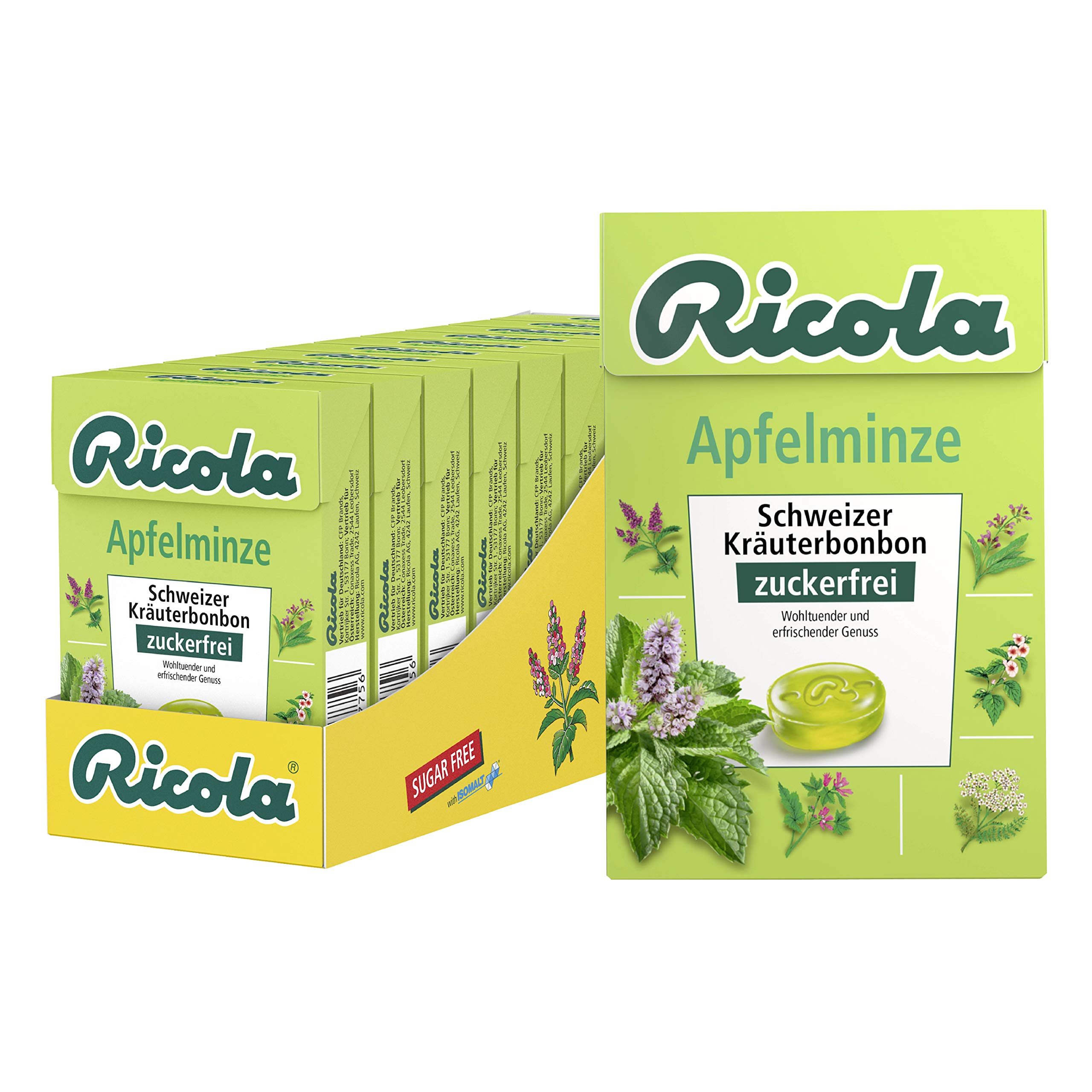 Ricola Apfelminze, Schweizer Kräuterbonbon, 10 x 50g Böxli, ohne Zucker, Wohltuend und erfrischender Genuss & Kräuter Original, Schweizer Kräuterbonbon, 10 x 50g Böxli