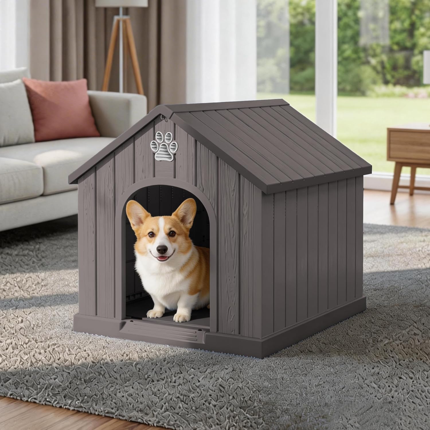 Small Dog House Outdoor Indoor for Small to Medium Dogs, Durable Plastic Waterproof Doghouse with Air Vents & Elevated Floor, Easy to Clean & Assemble (Grey, 26.18''L × 24.02''W × 25.98''H)