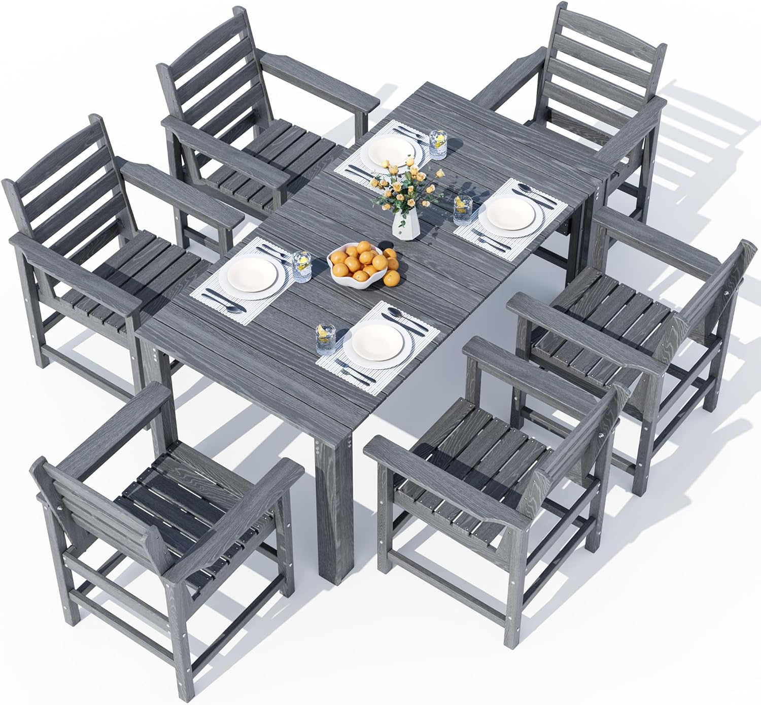 Outdoor HDPE Dining Table Set, 7-Piece Outdoor Dining Table Sets, Wood Grain Patio Furniture Sets with Umbrella Hole for Porch, Backyard, Gray