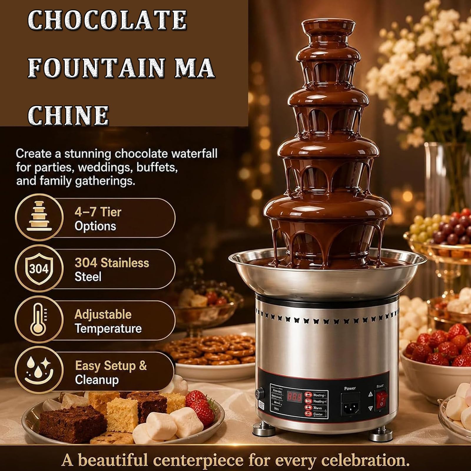 Fontaine à Chocolat à 4/5/6/7 Niveaux 3-8kg Grand Ensemble à Fondue 4Tiers