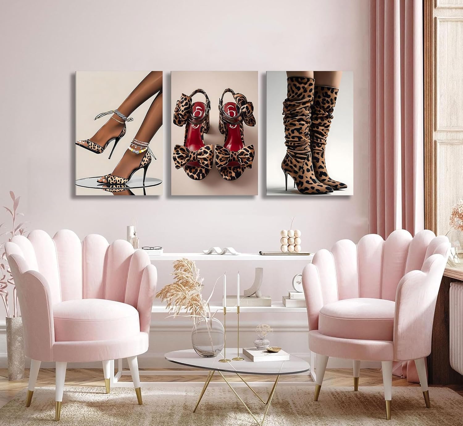 3pcs Fashion Leopard High Heels Canvas Wall Art Funky Boots Pictures Wall Decor Trend Women Hot Girl Posters Prints Paintings for Women Living Room Bedroom Bathroom Decoration Prepare To Hang
