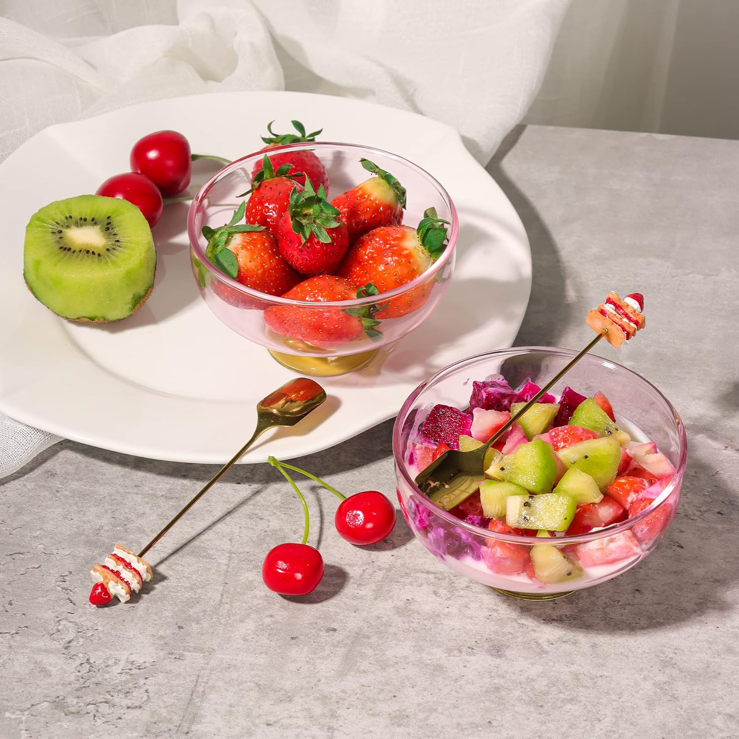 Pink Glass Dessert Bowls Set of 6 Ice Cream Bowl with 6 Gold-Plated Spoons Decorative Microwave Safe for Fruit,Snack,Candy Glass Bowl Set