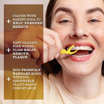 Twice 3-Strand Floss Picks Dual Action Flosser & Toothpick, Wax-Coated Floss & Eco-Friendly Cornstarch Handles, Vegan, Shred Resistant, Strong Mint, 300 Ct (Pack of 2)