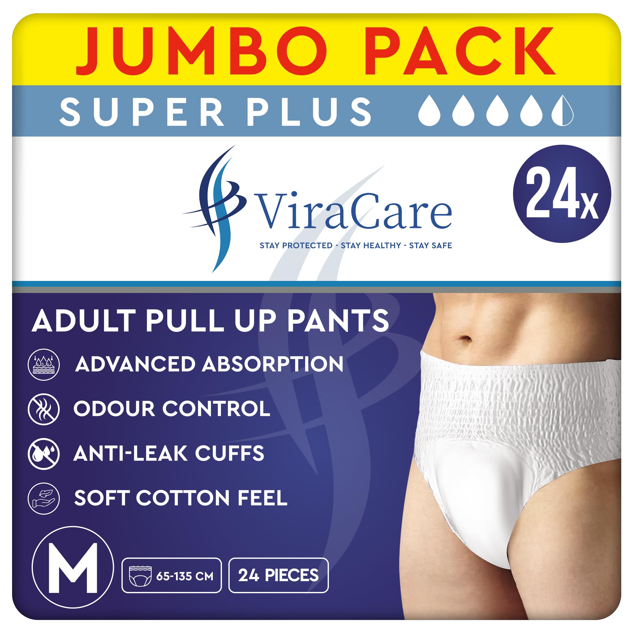 – 24 x Super Plus Incontinence Pants Women & Men | Adults Nappies | Advanced Absorption and Soft-Stretch Waistband | Adults Pull Up Pants | Waist Size Medium 65-135 cm | (2 Packs of 12) (Medium)