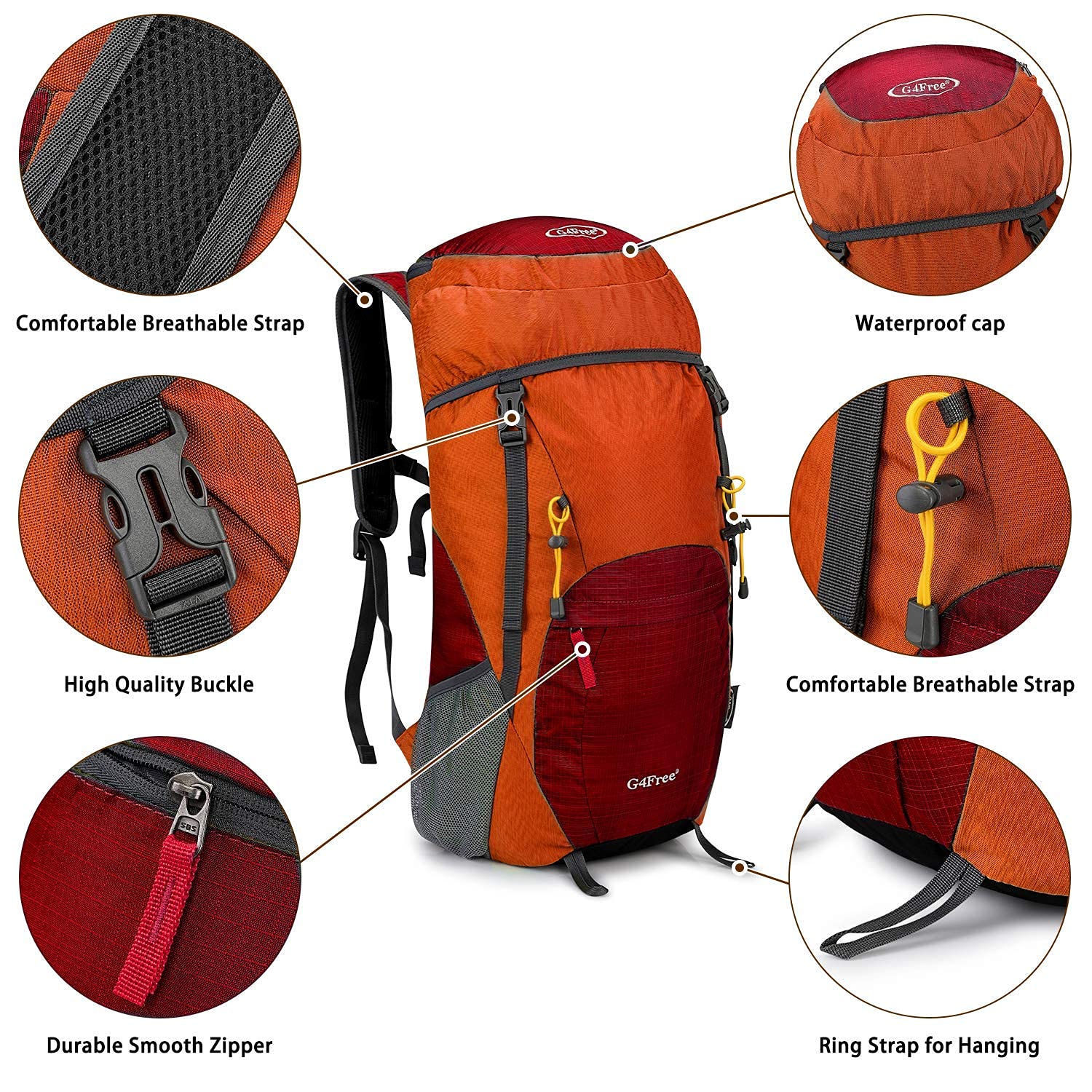 G4Free 40L Faltbarer Rucksack, Wanderrucksäcke Ultraleicht, Wasserdichter Trekkingrucksack Daypack Damen Herren für Outdoor Wandern Camping Reisen, Orange Rot