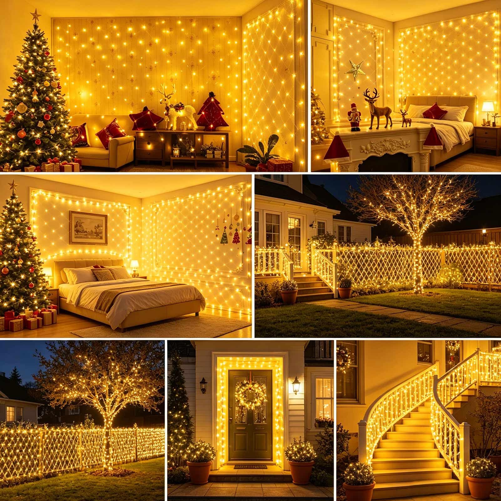 Joycome 2 Piezas Red de Luces Navidad Exterior 3x2m 200 LED Luces Navidad | Enchufe, Temporizador, 8 Modos, Impermeable Malla Luz para Balcon Jardín Terraza Escaparates Decoración - Blanco Cálido