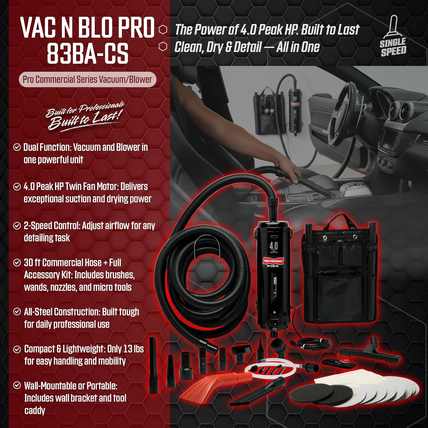 METROVAC Vac N Blo PRO-83BA-CS Car Detailing Vacuum and Blower | Powerful Heavy Duty High Power Car Vacuum Cleaner 4.0 HP