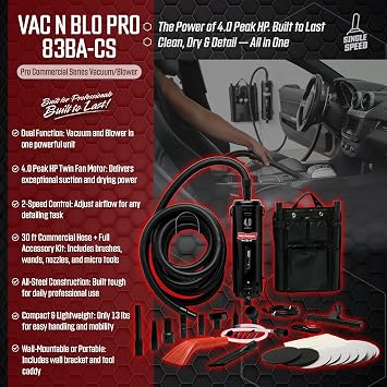 METROVAC Vac N Blo PRO-83BA-CS Car Detailing Vacuum and Blower | Powerful Heavy Duty High Power Car Vacuum Cleaner 4.0 HP