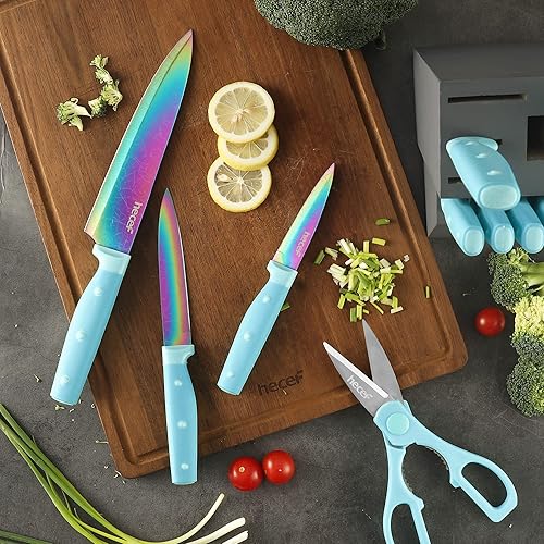 Miniatura 6 de hecef Juego de cuchillos de 14 piezas con bloque juego de cuchillos de titanio arcoíris con patrón láser juego de cuchillos de chef de acero
