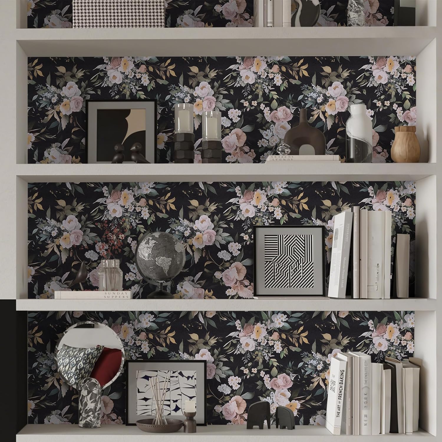 Peel and Stick Dark Flower Vintage Wallpaper - Black and Green Moody Contact Paper - Self Adhesive Floral Vinyl Wrap- Removable Boho Wall Paper for Bedroom, Living Room and Bathroom 17.5'' x 393''