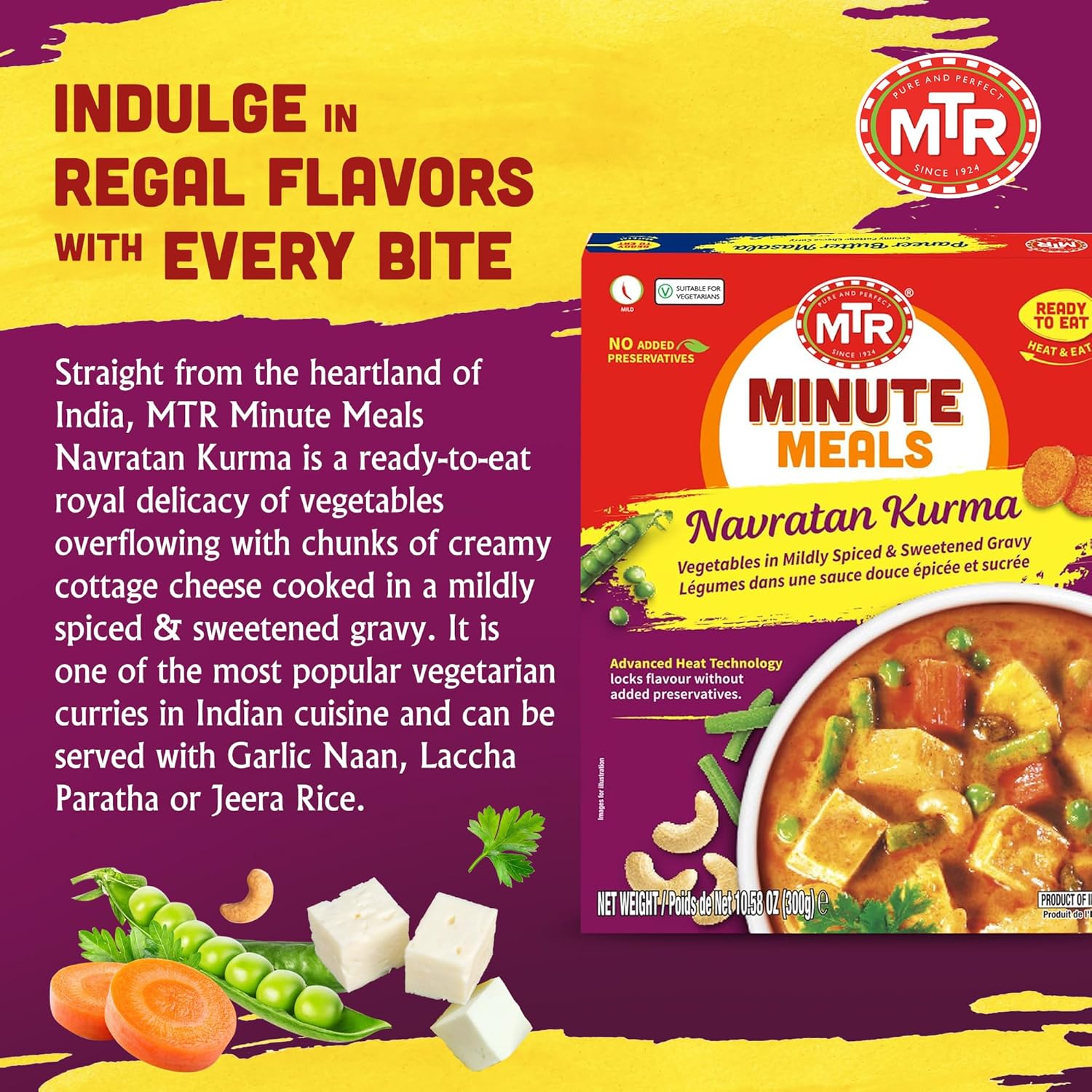 MTR - Minute Meals: Navratan Kurma - Vegetables in Mildly Spiced & Sweetened Gravy - Tasty Indian Meal with No Added Preservatives - Suitable for Vegetarians, Ready in Minutes! (Pack of 6)