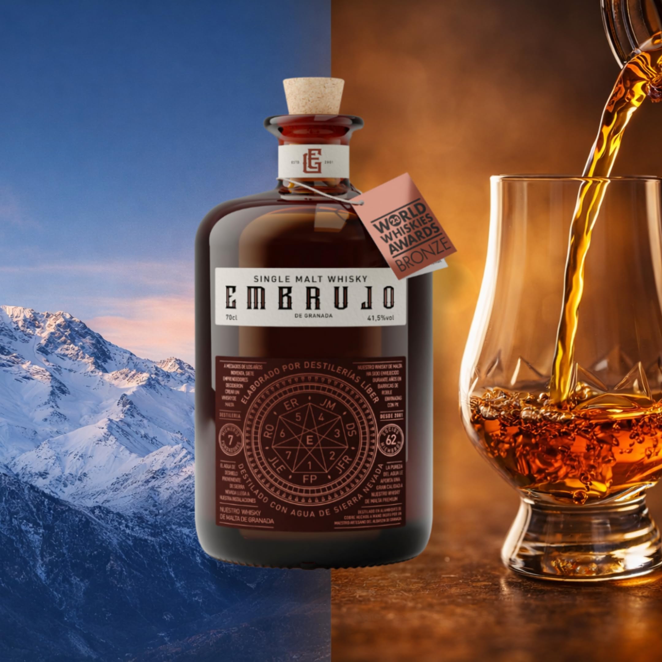 Embrujo de Granada® | Whisky Single Malt Español 9 Años | 41.5% Vol | Maduración en Barricas Pedro Ximénez | Agua de Sierra Nevada | Edición Artesanal | 70cl | Ideal para Iniciación Premium