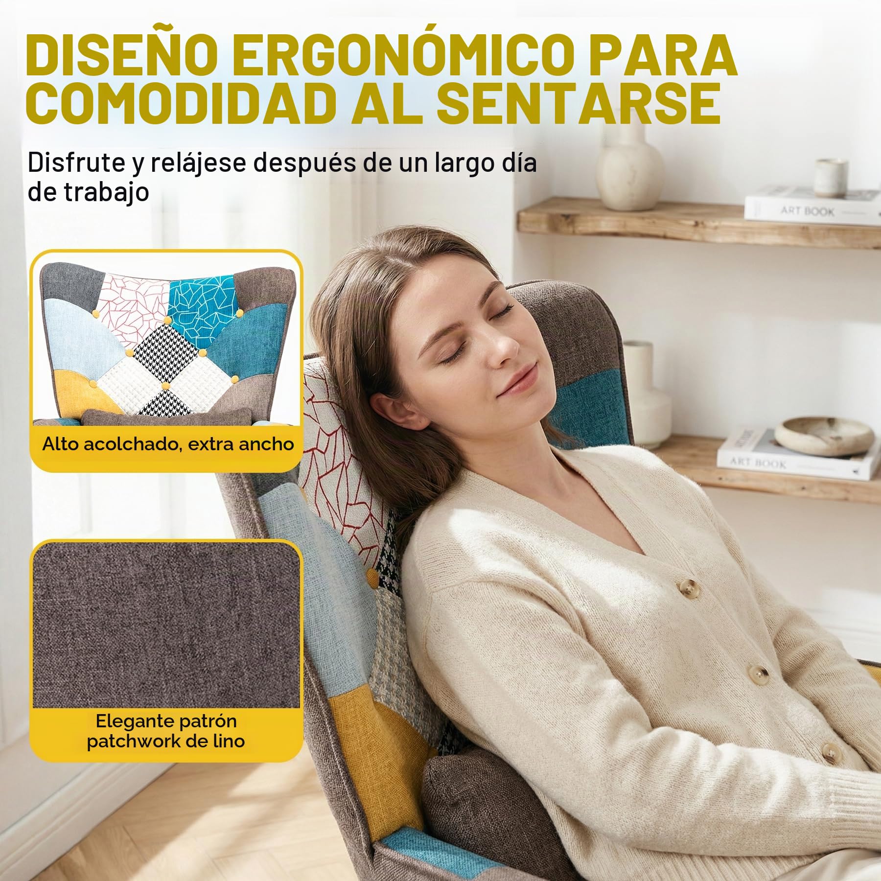 Sillón Orejero Patchwork con Reposapiés y Cojín Lumbar, Marrón | Patas de Madera Maciza, Tela de Lino y Diseño Ergonómico, Butaca de Lectura para Salón y Dormitorio, Soporta hasta 150 kg