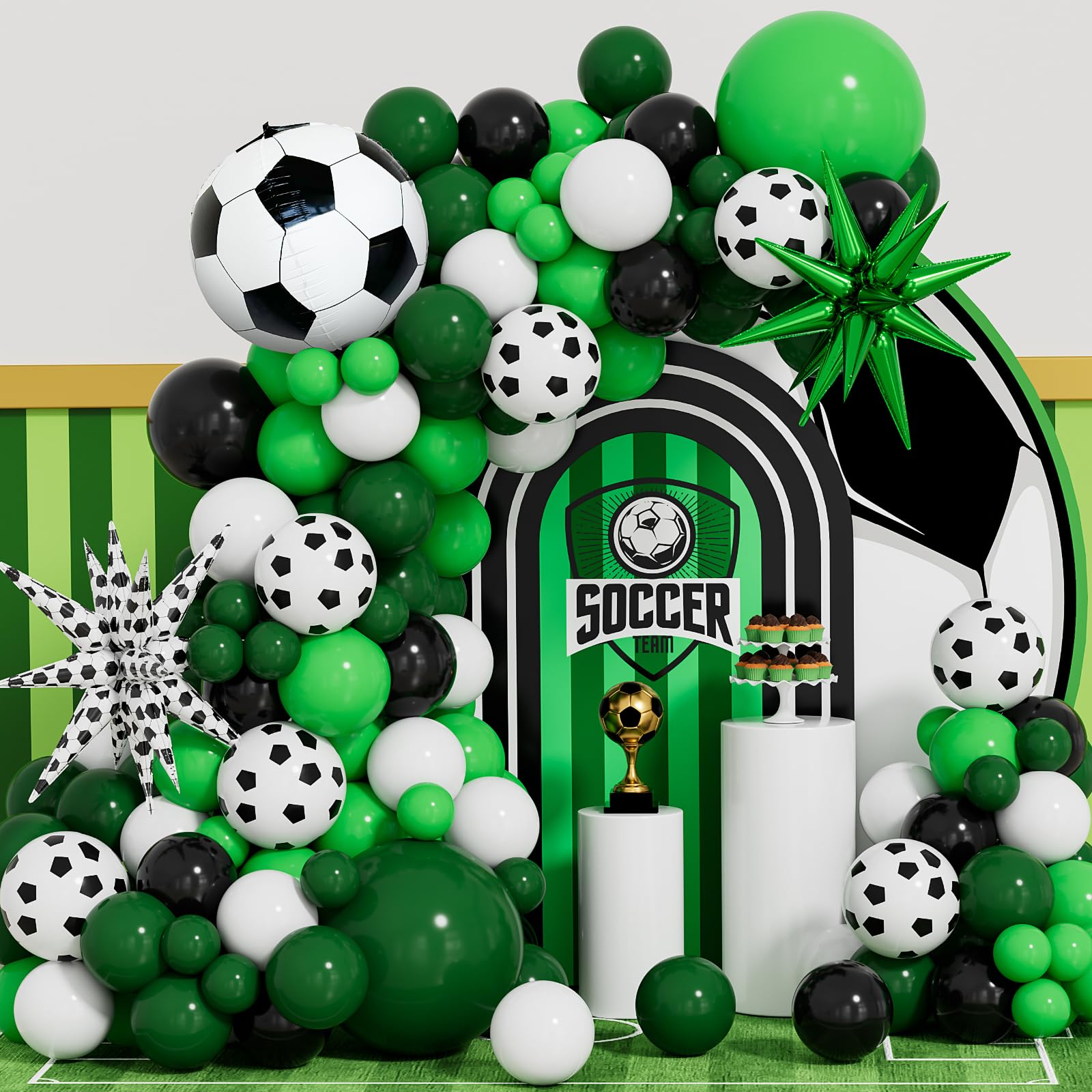 Adeyoo Football Balloon Garland Arch Kit, 115 Pcs Green Black White balloon — image 1