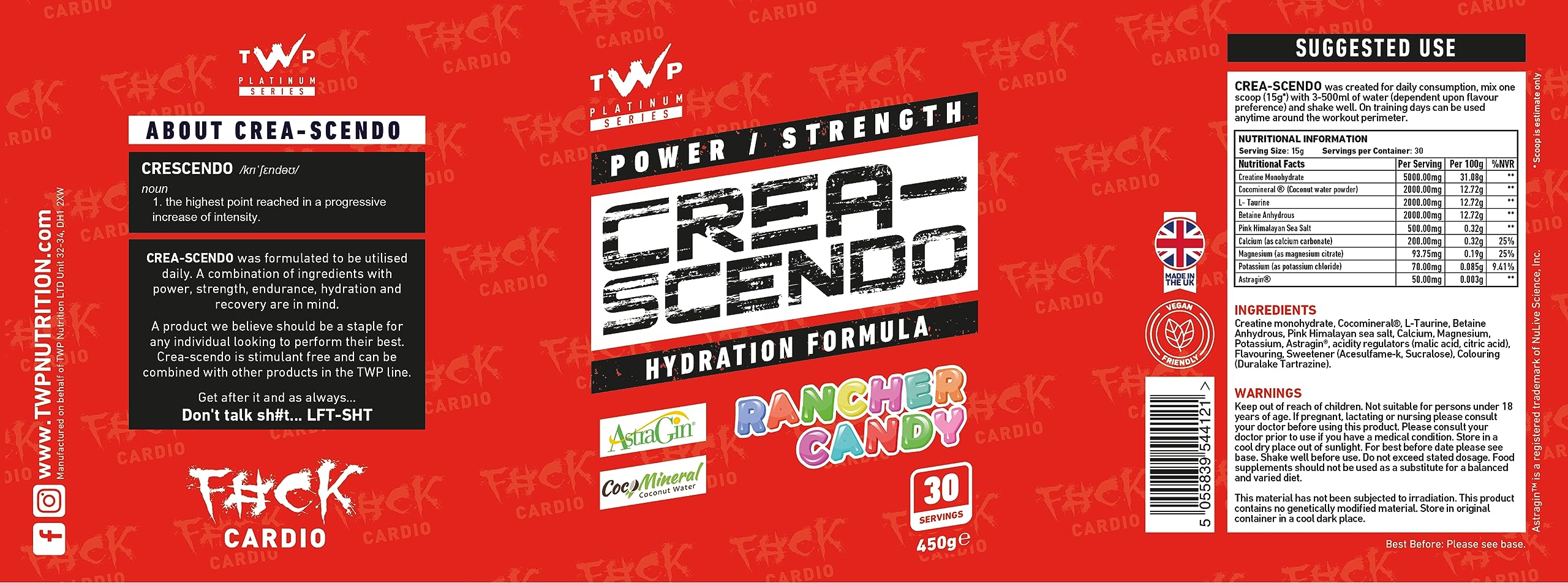 TWP Nutrition Platinum Series Crea-Scendo Creatina en polvo, 250 g/472 g y 30/50 porciones, 3 grandes sabores (Rancher Candy, 472 g)