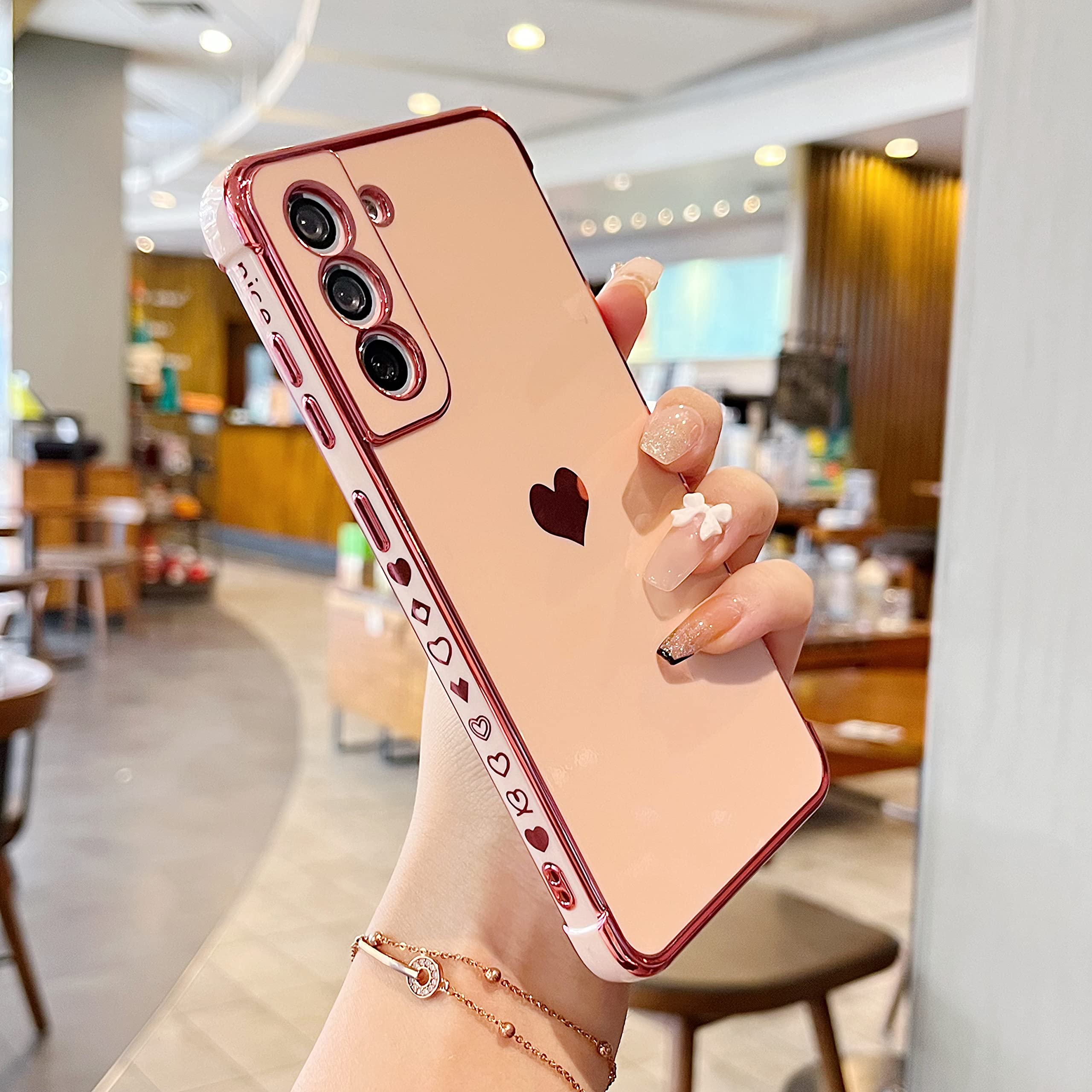 DEFBSC Case for Samsung Galaxy S22, Fashion Cute Side Love Heart Plating Edge Phone Case Shockproof Soft TPU Back Cover Protective Case with Heart Pattern for Samsung Galaxy S22 - Pink