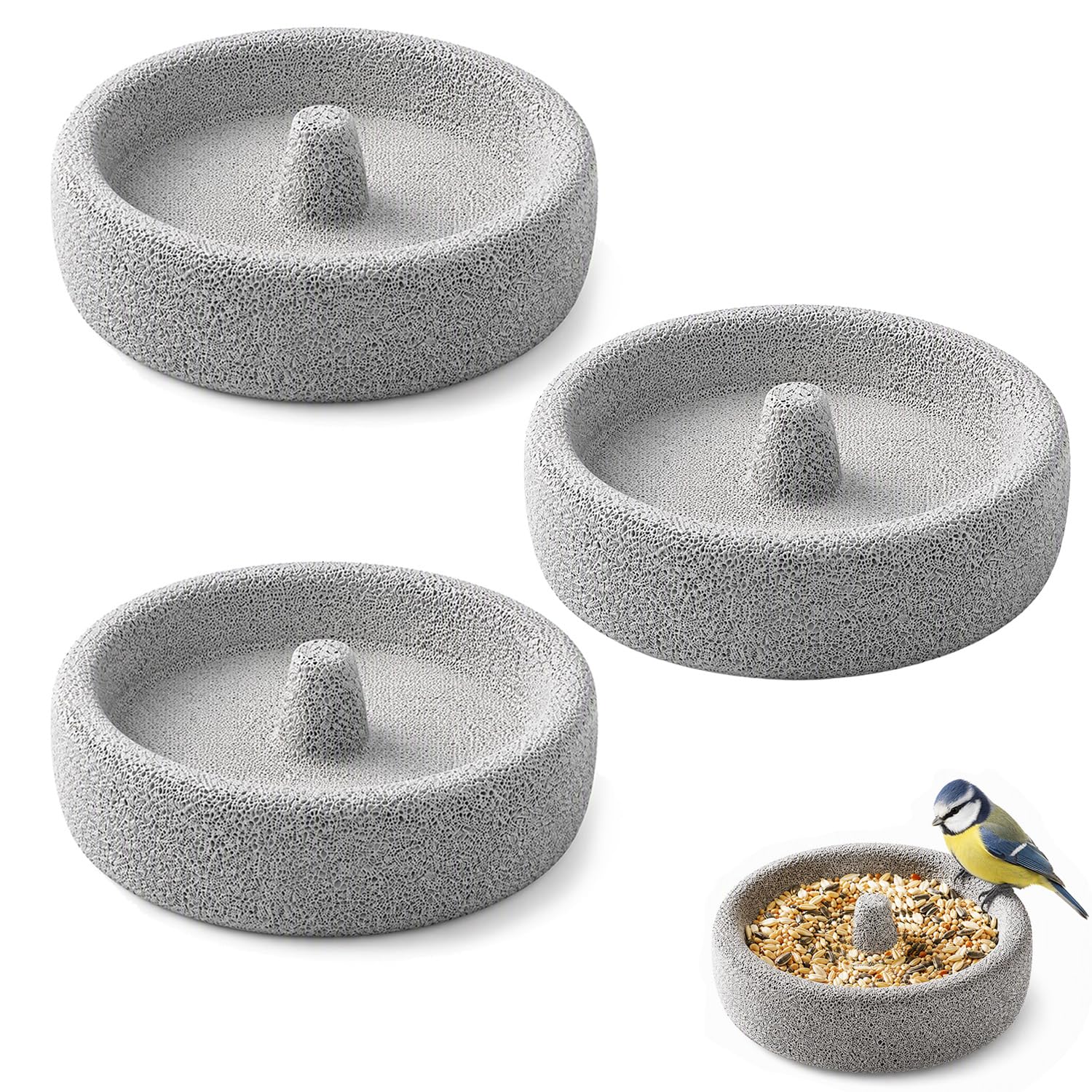 Pumice Stone Bird Bowl, Beak Grinding Feeder for Parrots &amp; Small Birds, 3PC