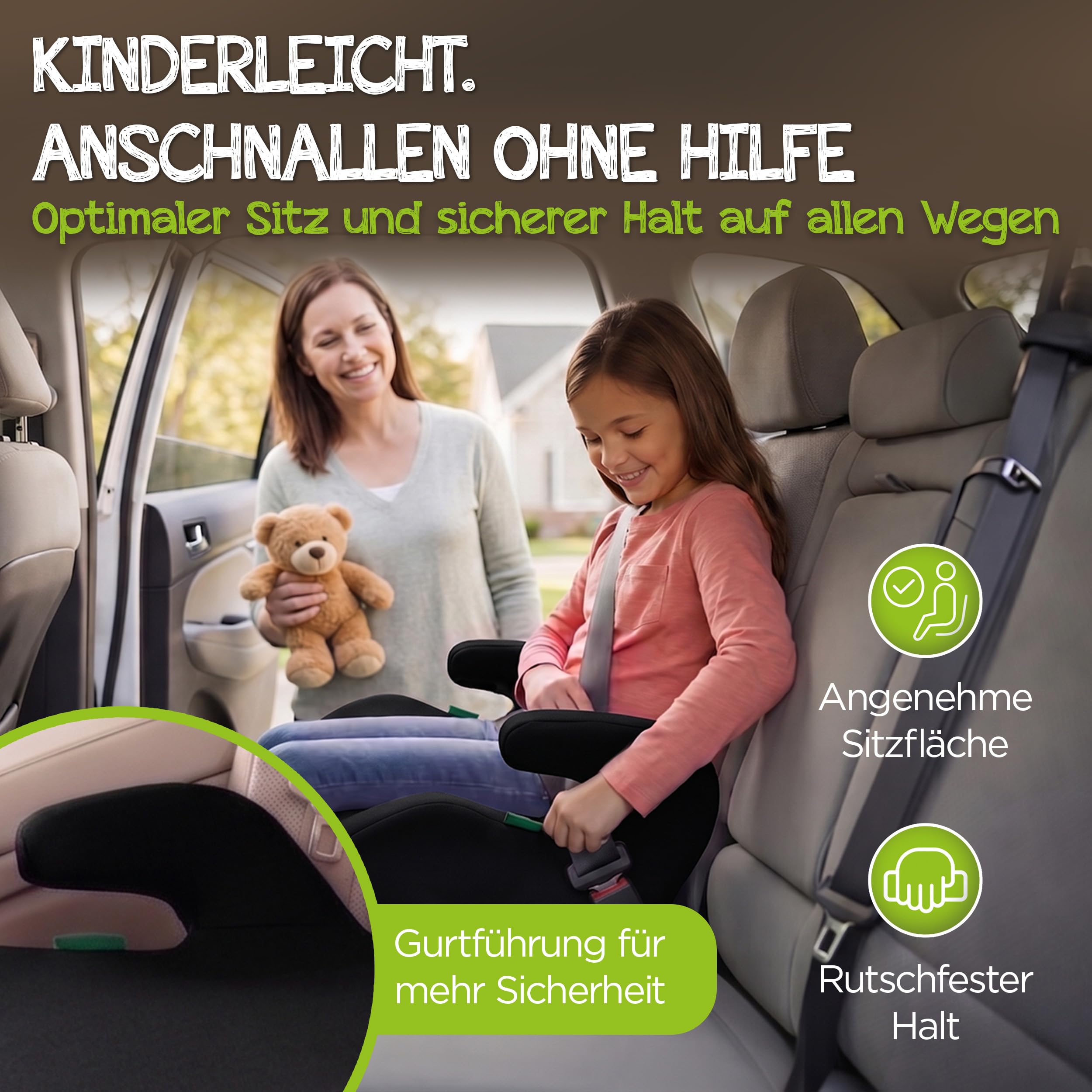 Kindersitz fürs Auto (Schwarz) – Kindersitzerhöhung für Kinder von 126-150cm – komfortabel und sicher durch geprüfte Sicherheit nach Norm R129 – kompakt und unkompliziert