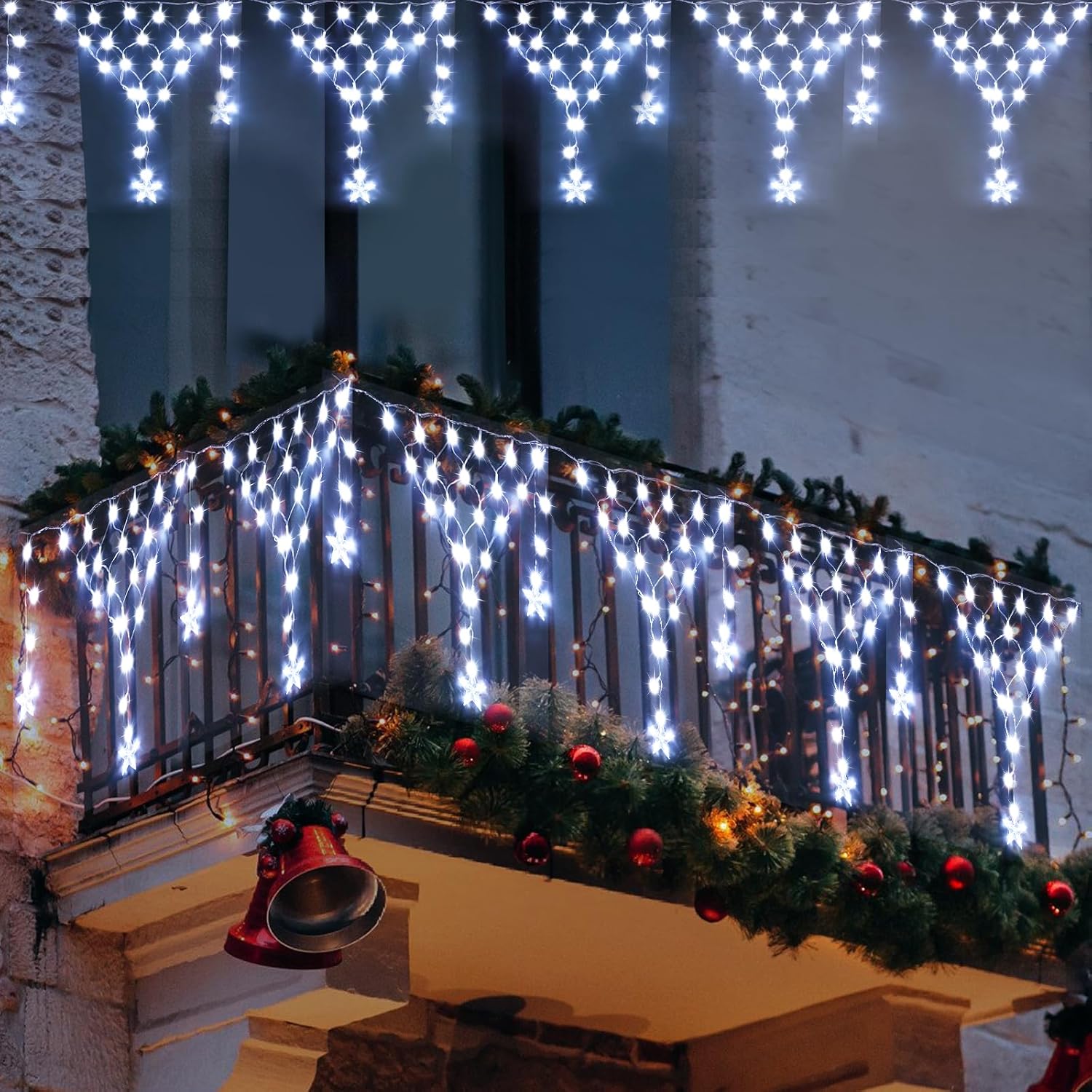 Christmas Lights Outdoor Decorations 218 LED 13.8ft Curtain Fairy Lights with 12 Drops, Clear Wire LED String Light Decor with 8 Modes for Wedding Party Holiday Christmas Indoor Outdoor Decor Cool White