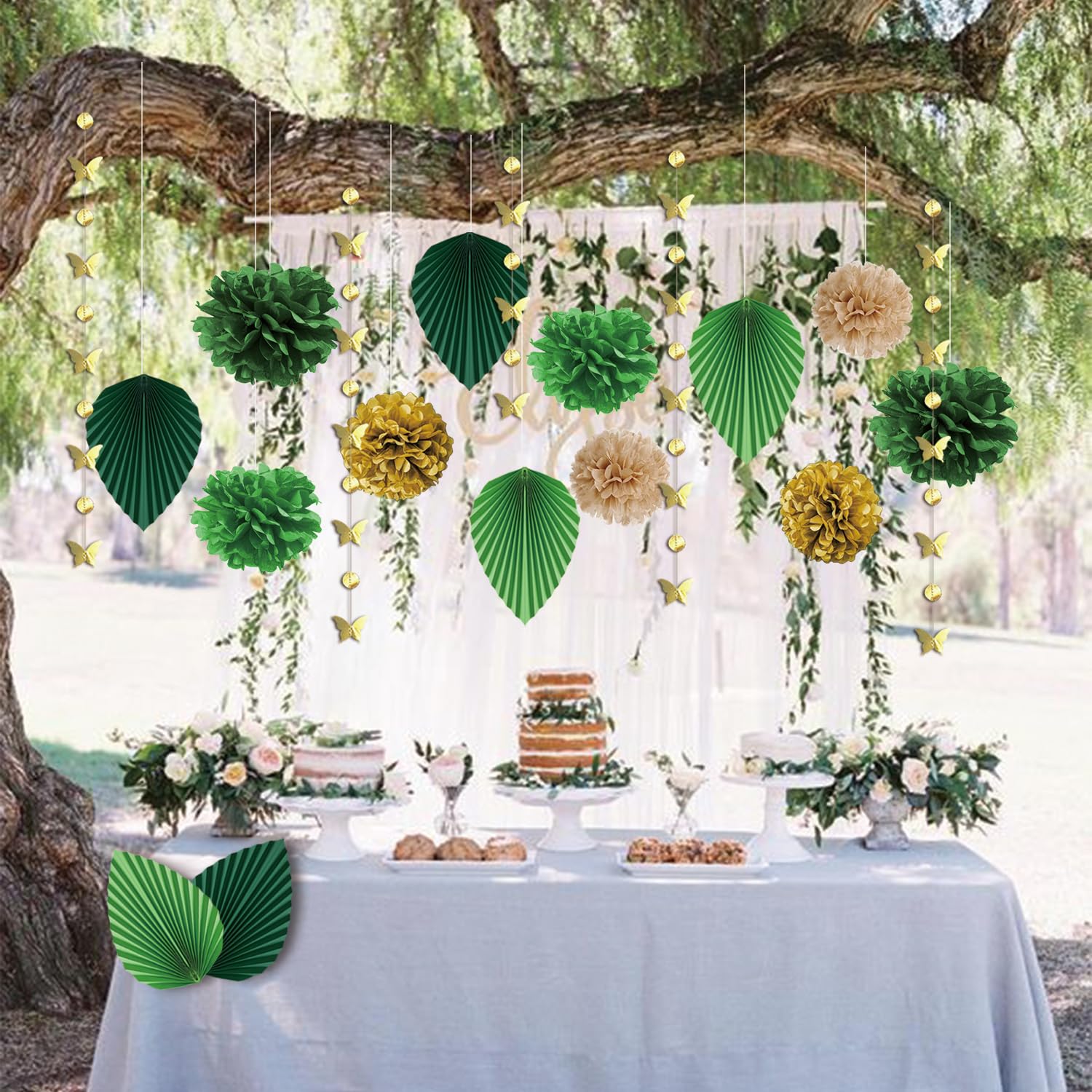 Syoulin Lot De 14 Décorations Mariage Vert - Pompons Papier Soie, Éventails Et Guirlandes Papillons Dorés Pour Fêtes