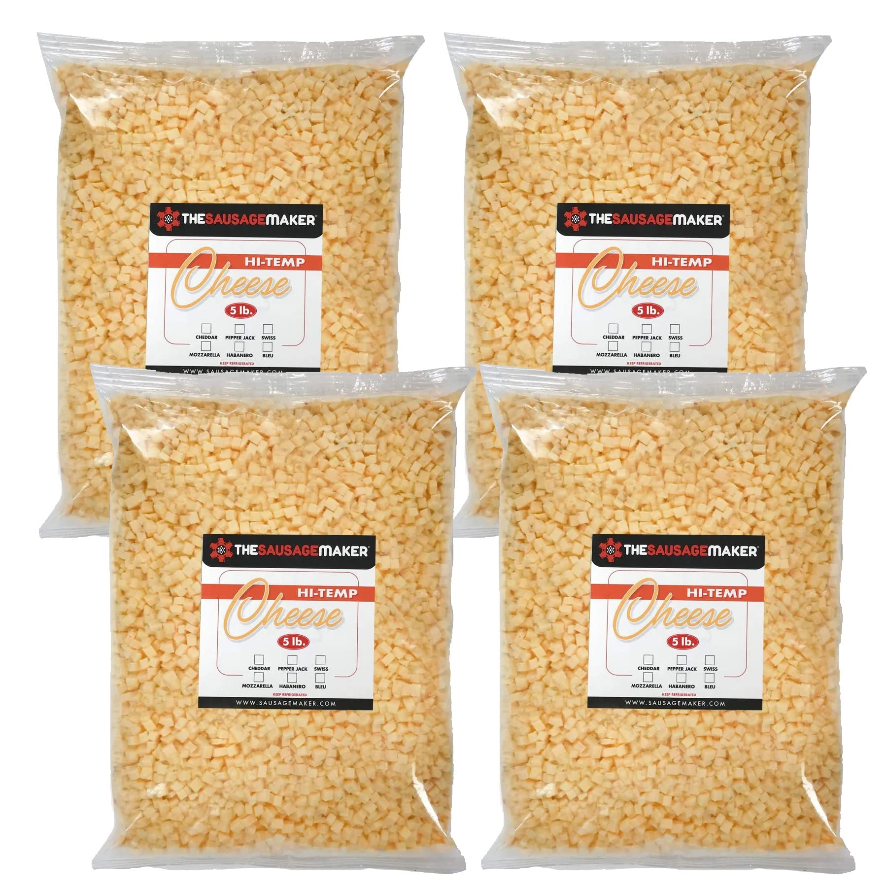 The Sausage Maker® High Temp Cheddar Cheese 20 Lbs Hi-Temp Cheese For Sausage Making, 1/4" Diced Cube, 400° Temperature High Heat Cheese For Grilling, Salami, Snack Sticks, Summer Sausage
