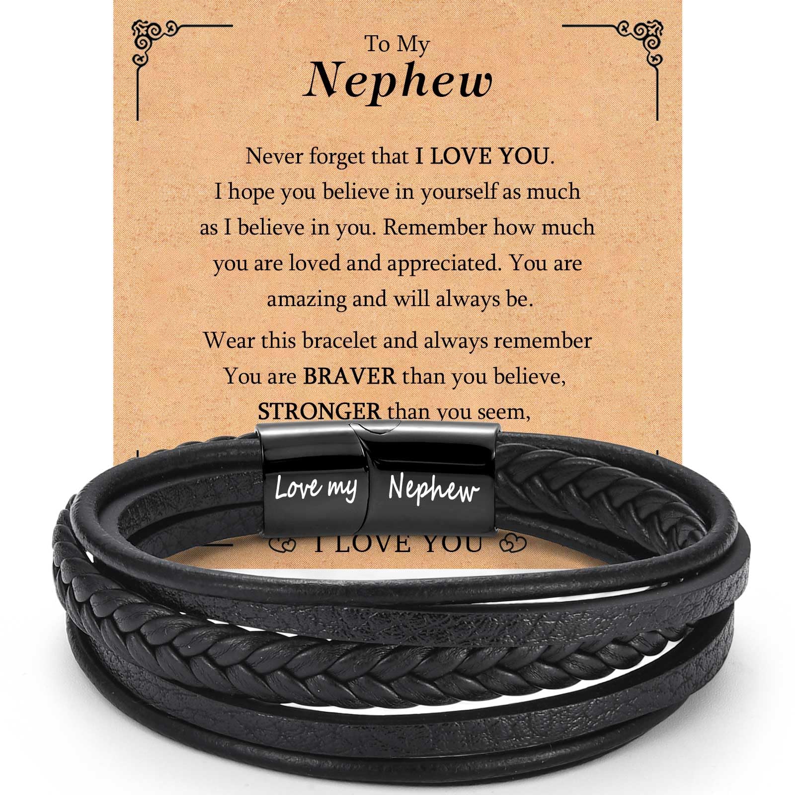 Gifts for Son Grandson Dad Brother Nephew Uncle Grandad, Engraved Leather Bracelet for Men Boys, Presents for Christmas Birthday Graduation Fathers Day, Christmas Stocking Fillers