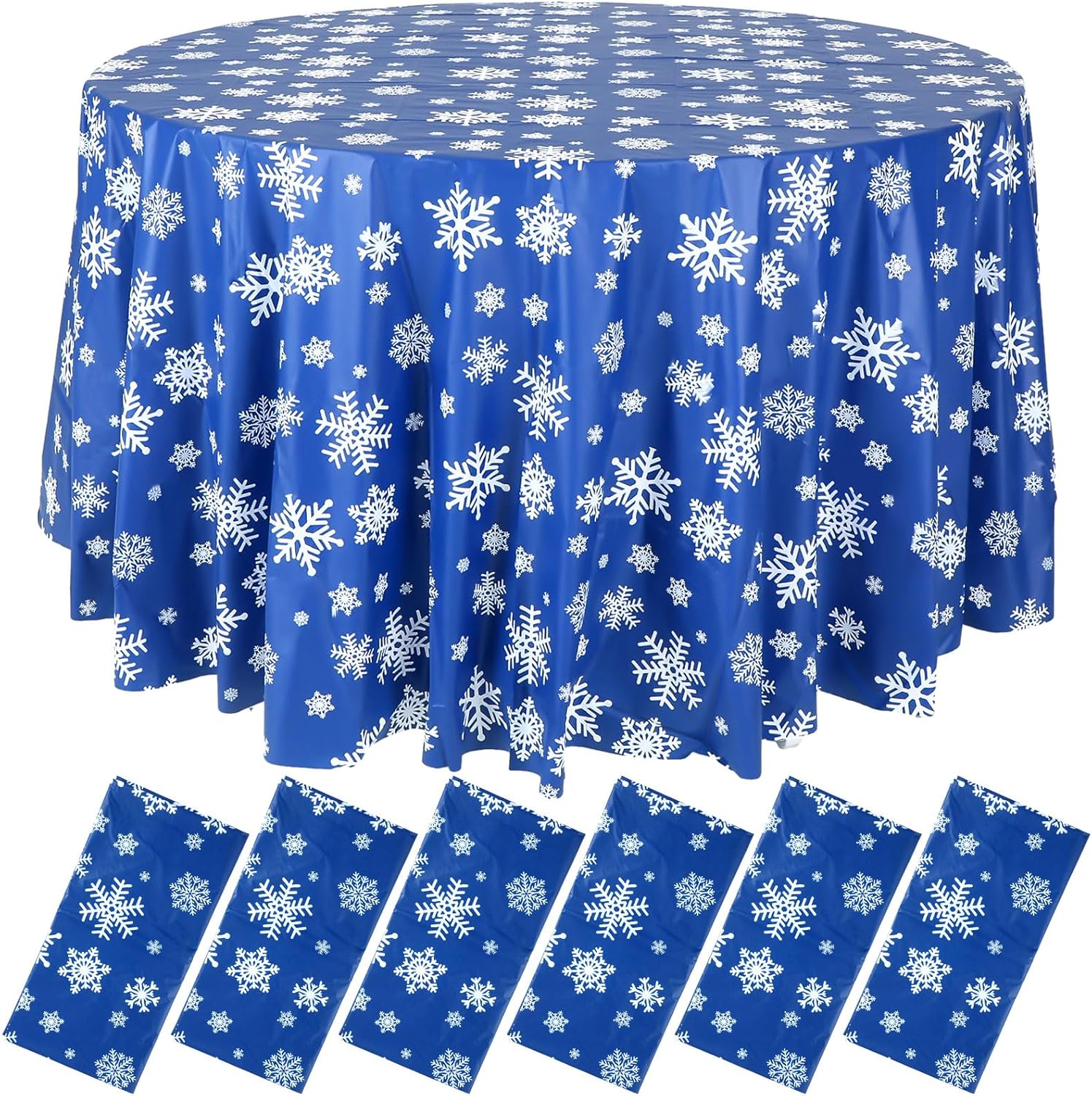 Sliner 12 Pieces Christmas Winter Snowflake Tablecloth Winter Round Plastic Party 83.9 Inch Blue Christmas Tablecloth Disposable Snowflake Xmas Backdrop Sign Table Cover Banner for Holiday Party