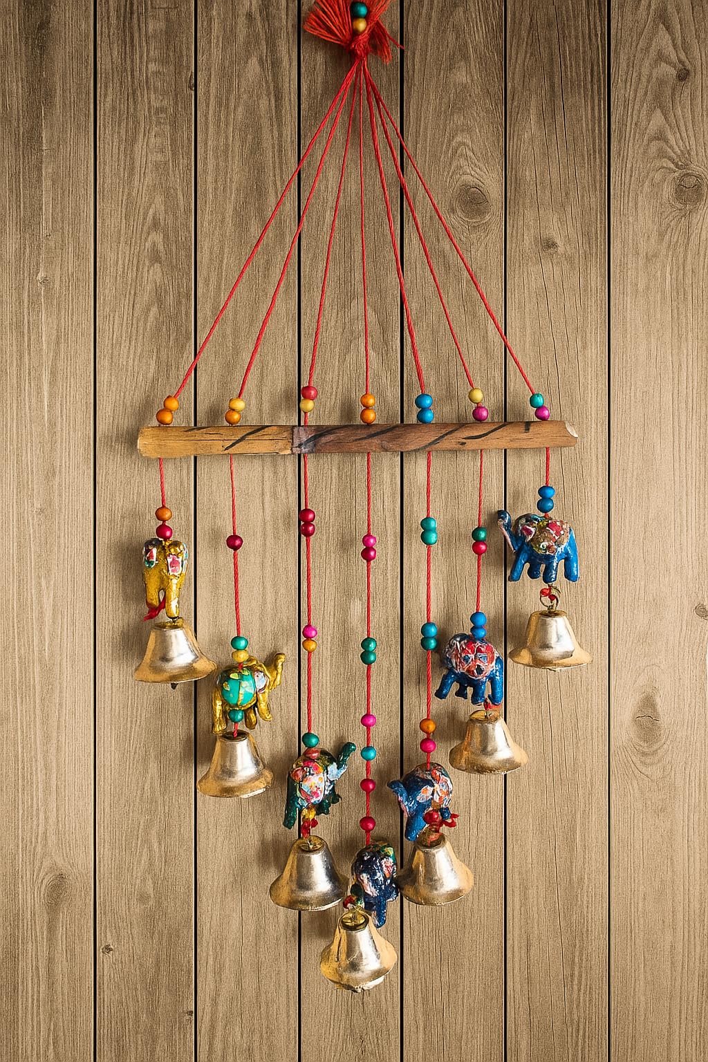 Handcrafted Rajasthani Wind Chime with Animal Design, Bells, 58 cm Length, Multicolour showpiece (Bamboo Elephant)-image-0