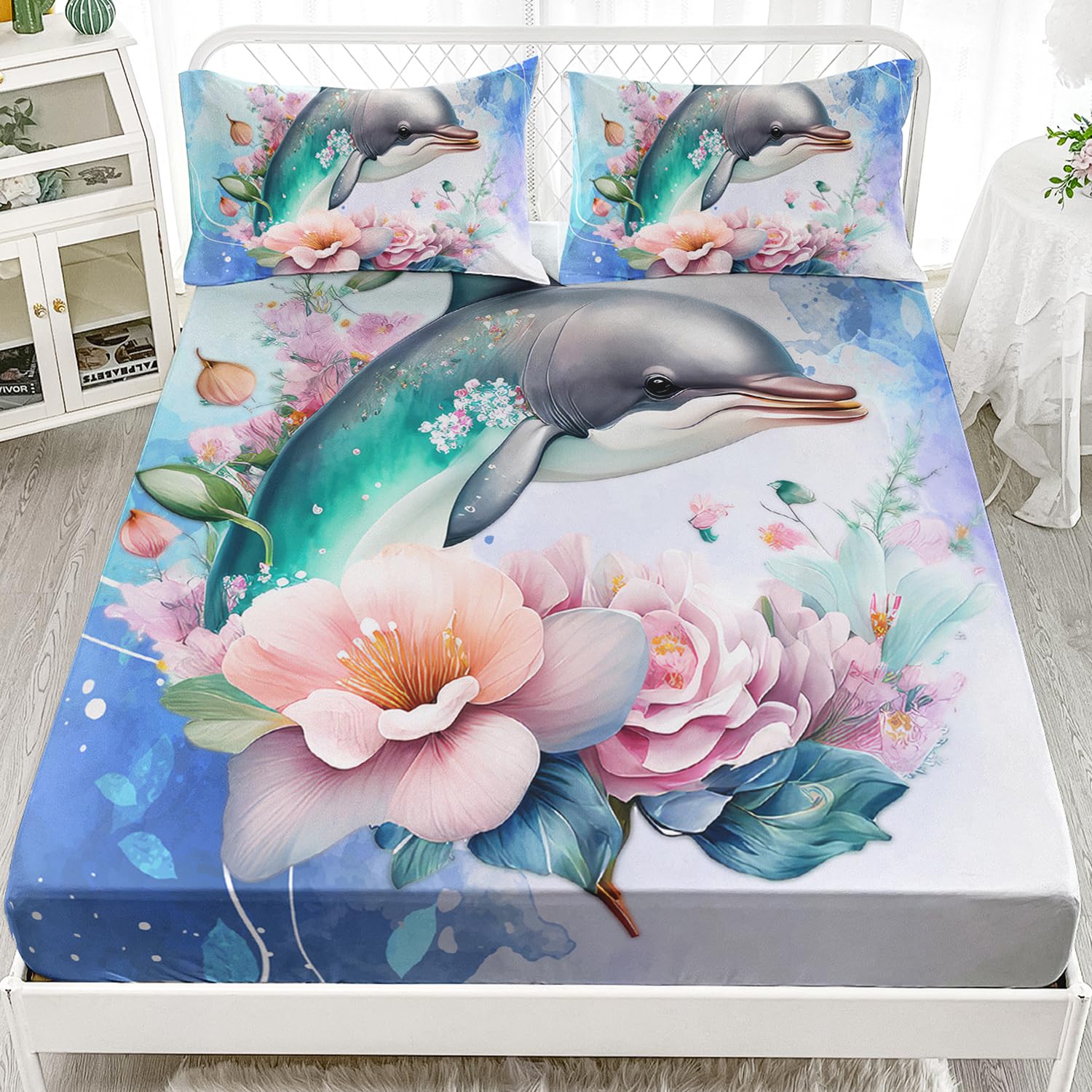 AILONEN Ocean Dolphin Fitted Sheet Set Twin Size,Cute Dolphin Sheet Set,Girls Pink Flower Bed Sheet Set,Ocean Theme Sheet Set 3 Pieces, 1 Fitted Sheet and 2 Pillowcases