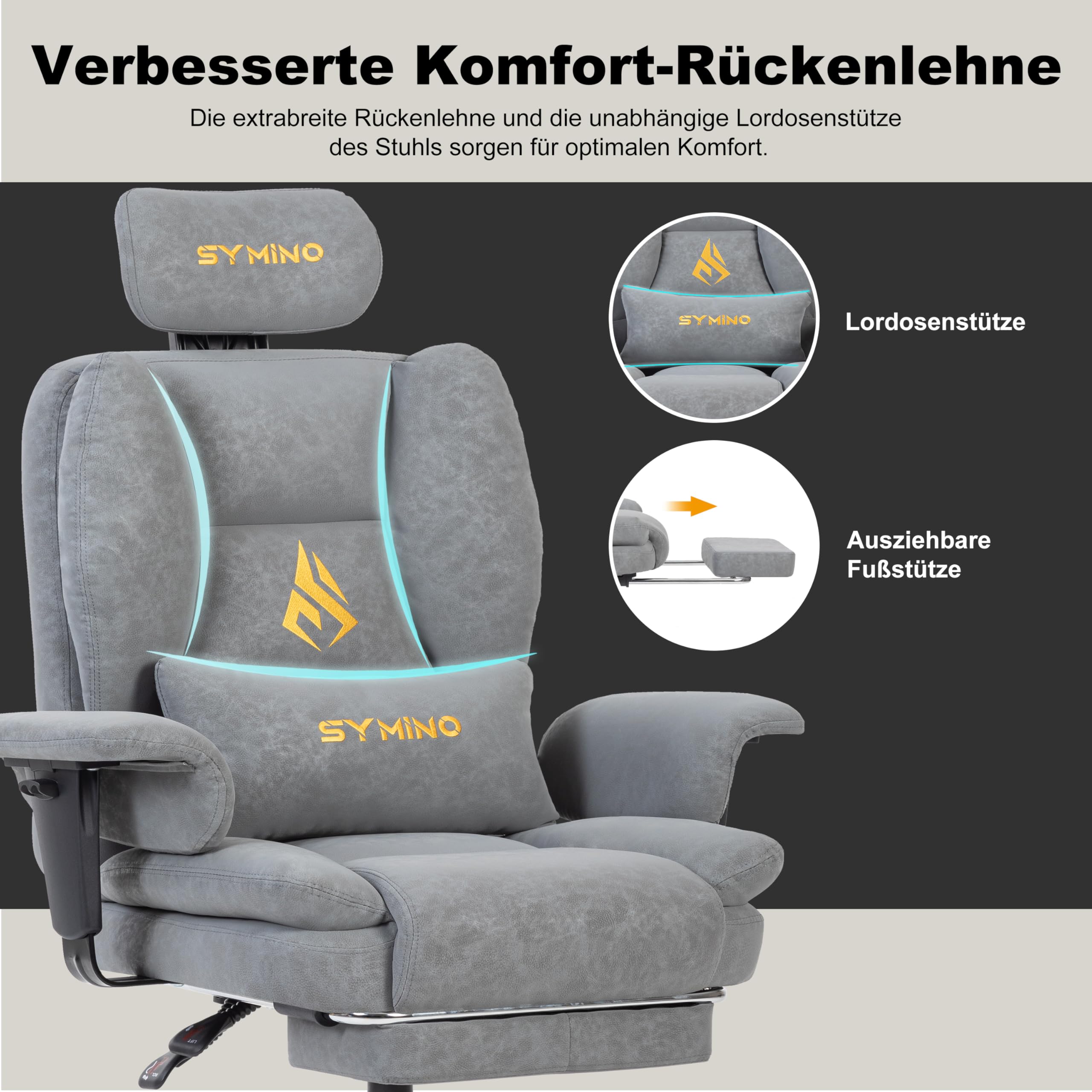 Symino Gaming Stuhl Sofa-ähnliches Chefsessel Bürostuhl Ergonomisch | Schreibtischstuhl mit Fußstütze Höhenverstellbarer Office Chair Computerstuhl 130kg, Grau