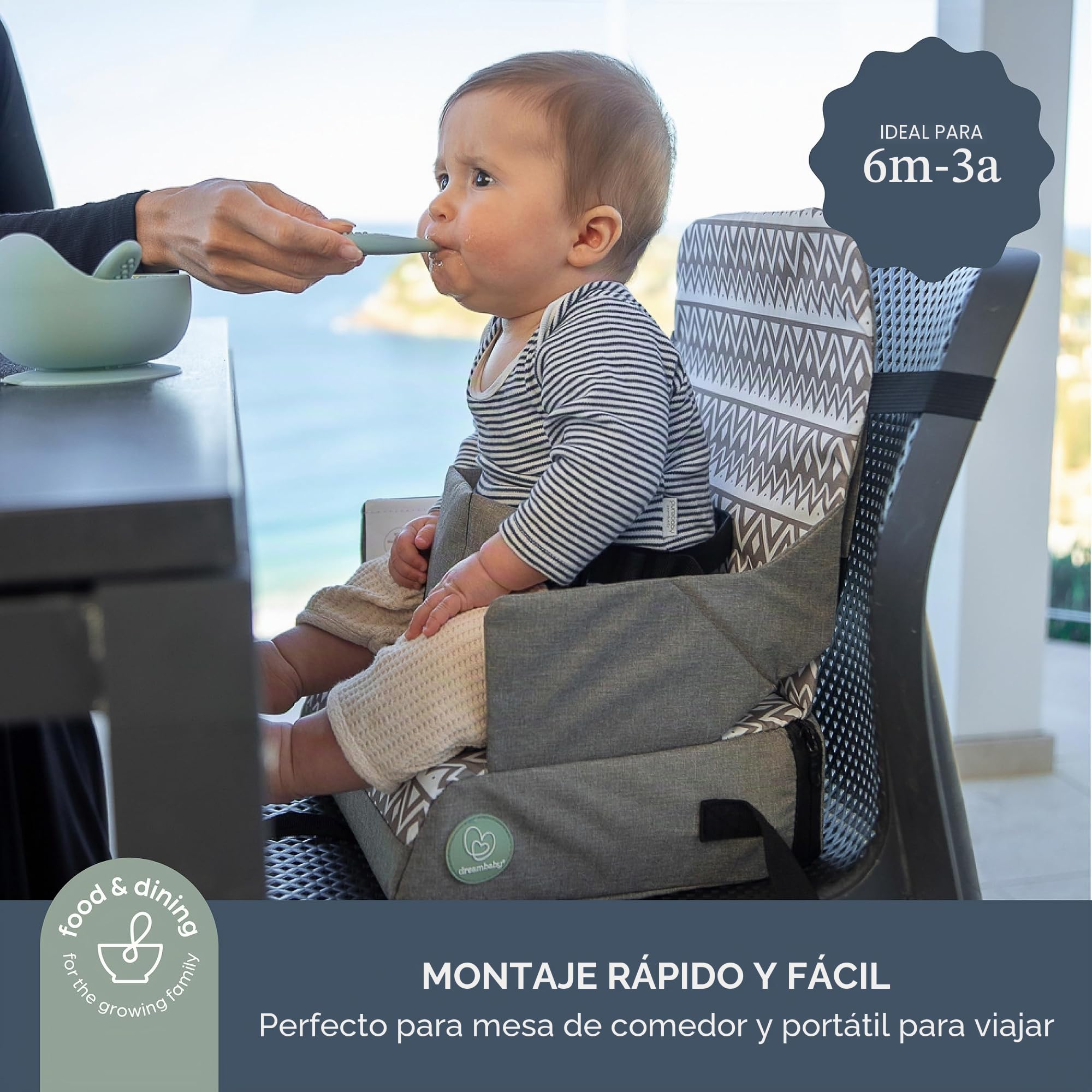 Dreambaby On-The-Go - Asiento elevador para niños, silla alta portátil con prácticos compartimentos de almacenamiento, se adapta a la mayoría de sillas de comedor, ligero, compacto y fácil de