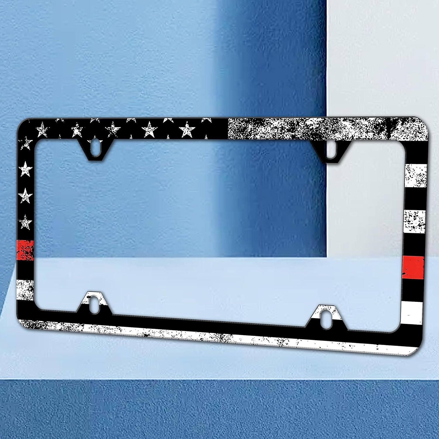 2 Pack Vintage American Flag Thin Red Line License Plate Frame Firefighters Funny License Plate Frames Auto Accessory Bracket Stainless Steel License Plate Holder with Screws for Women Men 6x12 Inch