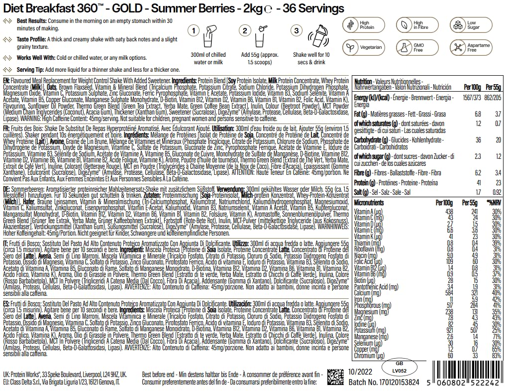 Protein Works | Diet Breakfast 360 – GOLD Innovation, Shake Colazione Sostitutivo Pasti Dietetico Salva-Tempo, Con Caffeina, Basso Zucchero, Frutti di Bosco, 36 Porzioni, 2kg