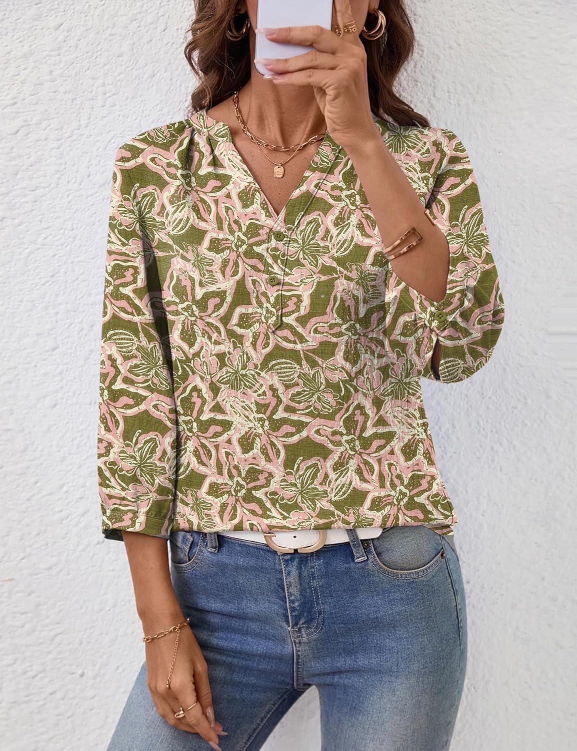 LOMON Womens Tops Dressy 3/4 Length Sleeve Henley V Neck Button Down Shirts Pleated Blouses S-XXL - Image 3