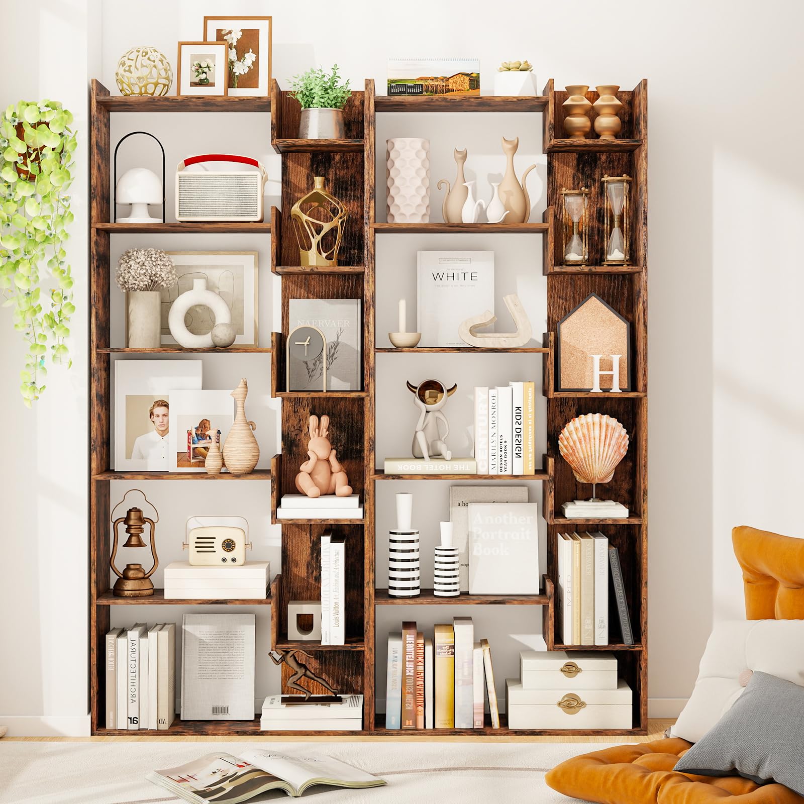 GOPLUS Librería de Madera de 6 Niveles, Estantería Alta con Sistema Antivuelco, Separador de Ambientes Independiente, Soporte de Exhibición para Dormitorio y Oficina (Marrón Rústico)